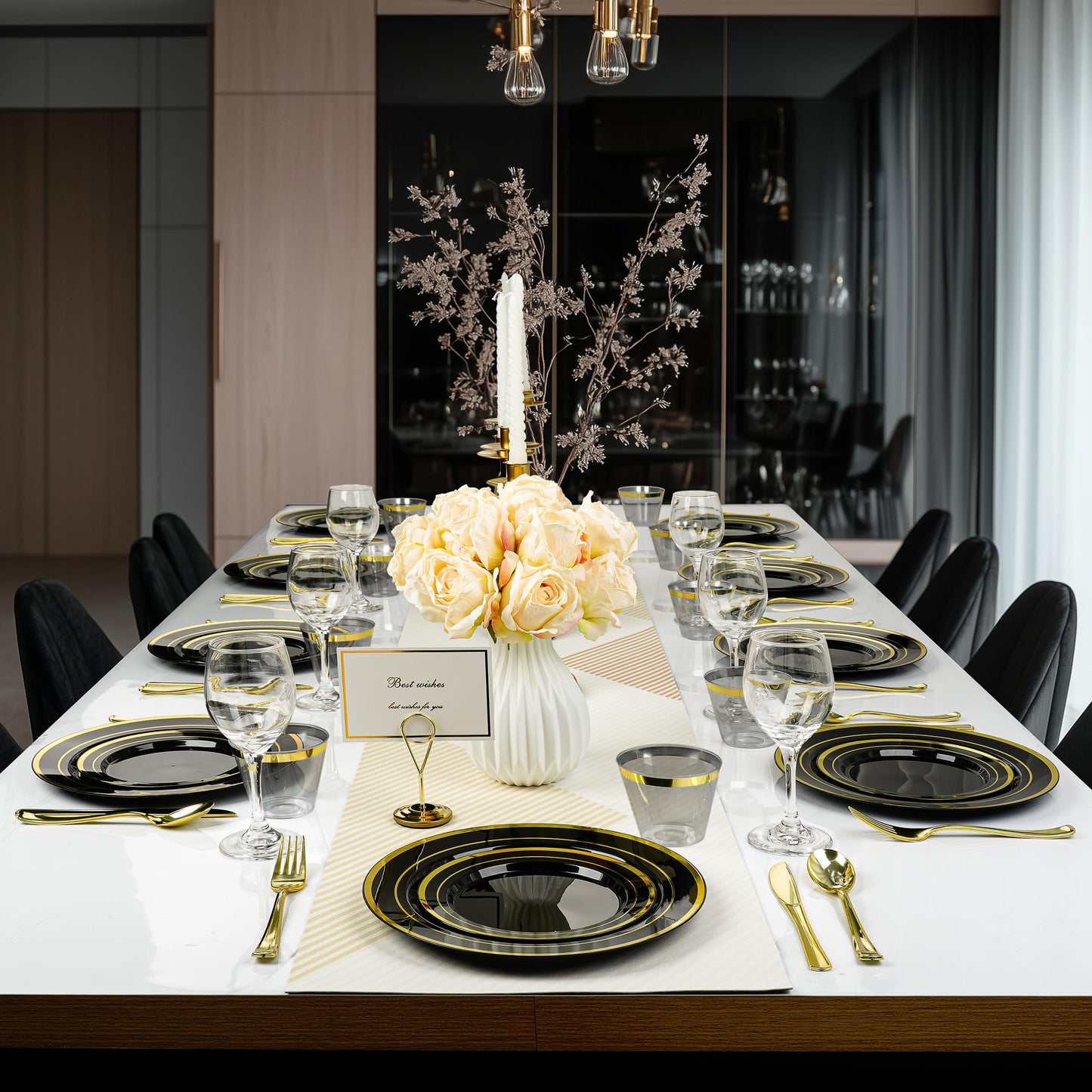 BESTVIP 350PCS Black Gold Dinnerware Set for 50 Guests, Plastic Plates for Halloween Party and Christmas, 50 Disposable Plates, 50 Dessert Plates, 50 Cups, 50 Spoons, 50 Forks and 100 Knives