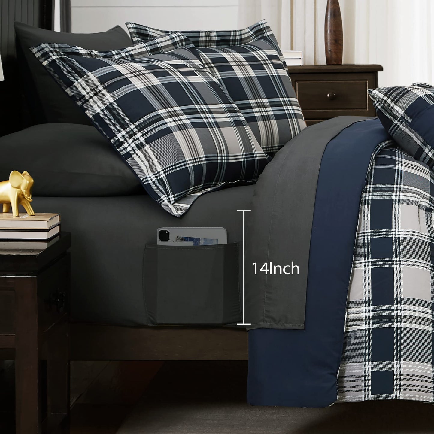 MaiRêve Queen Comforter Set, Plaid Design Comforter Set 7 Pieces, All Season Comfortable Bedding Sets Queen, Lightweight, Warm and Breathable (Navy Blue, Queen, 90"x90")