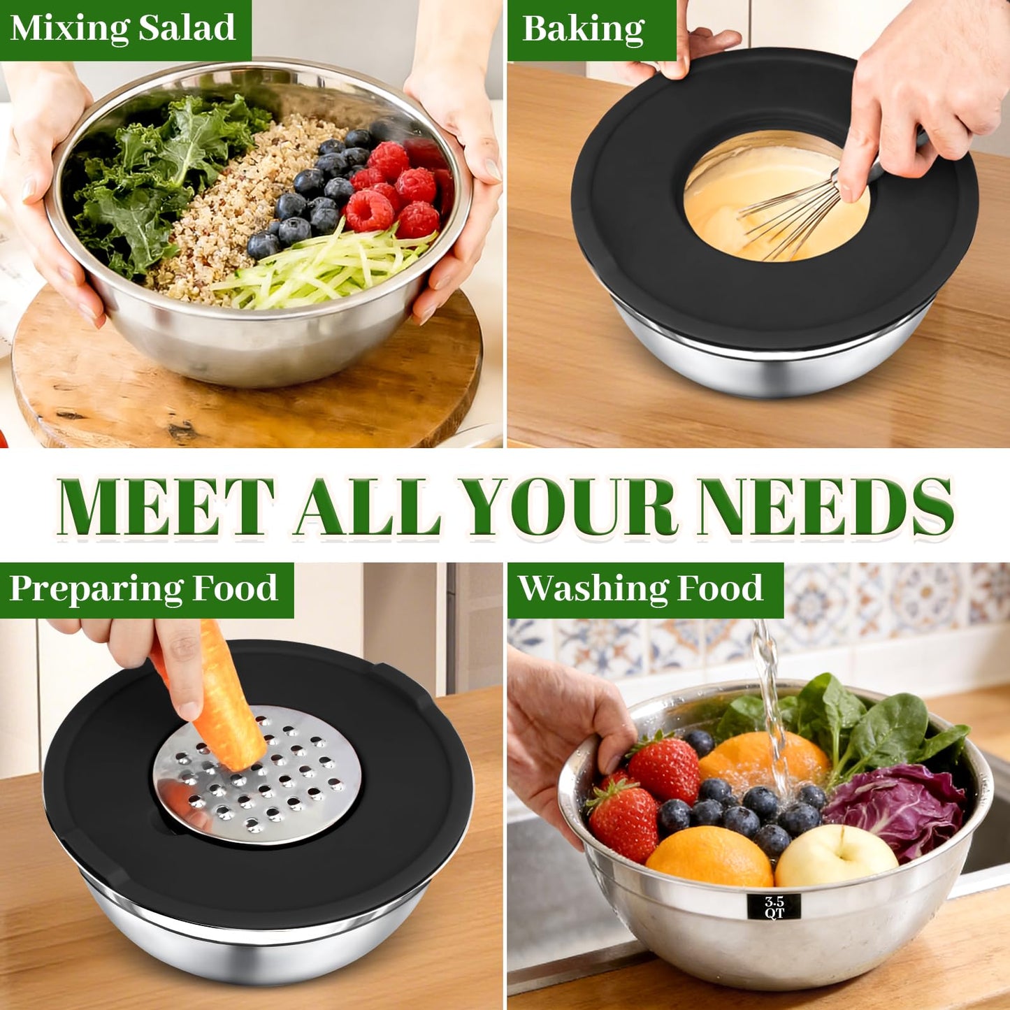 Boskermeal 8PCS Mixing Bowls with Lids Set - 5 Nesting Mixing Bowls, 3 Grater Attachments, Lids, Stainless Steel Mixing Bowls for Mixing & Serving, Size 1.5/2.1/3.5/4/4.5 QT, Black