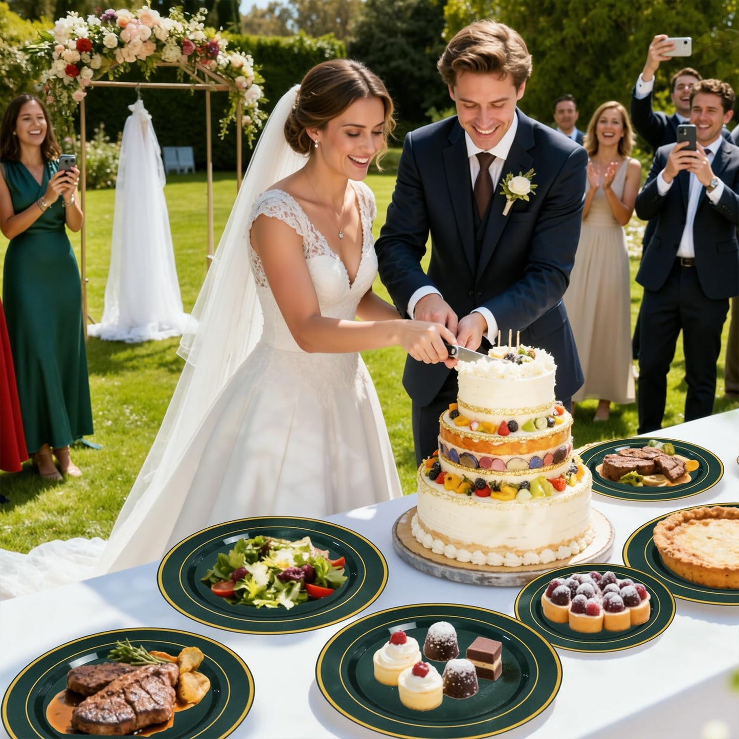WDF Partyware 350PCS Green and Gold Plates - Green Plastic Plates 50Guests Plastic Plate with Rolled Napkins for Party/Birthday/World Cup 2026