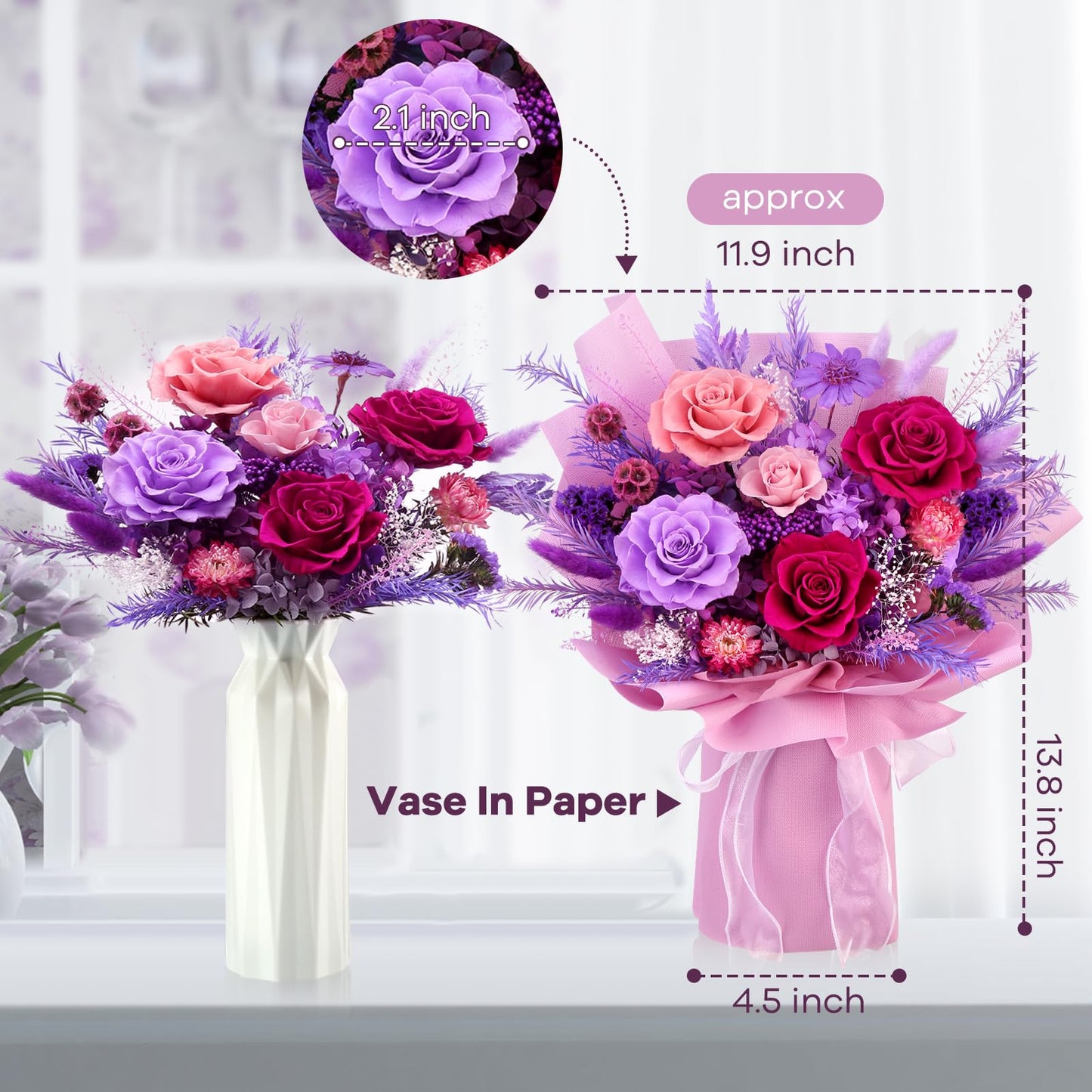 Bloom’s Diary Preserved Flower Bouquet - 100% Real Roses & Hydrangeas That Last 1-3 Years - Eternal Mixed Flower Arrangement for Women, Mom, Wife, Girlfriend, Anniversaries, Birthdays - Purple