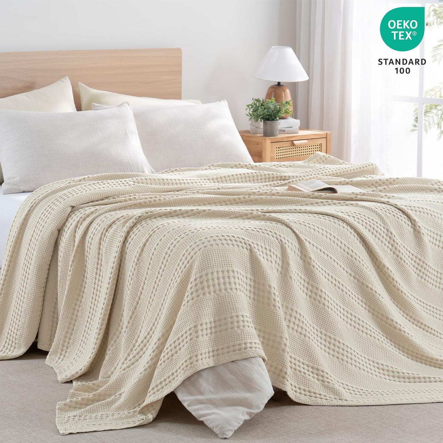 PHF Cooling Waffle Blanket King Size, Lightweight 60% Rayon from Bamboo & 40% Cotton Breathable Blanket for Hot Sleepers, Summer Use, Soft Luxury for Bed Couch Sofa, 104"x90", Linen