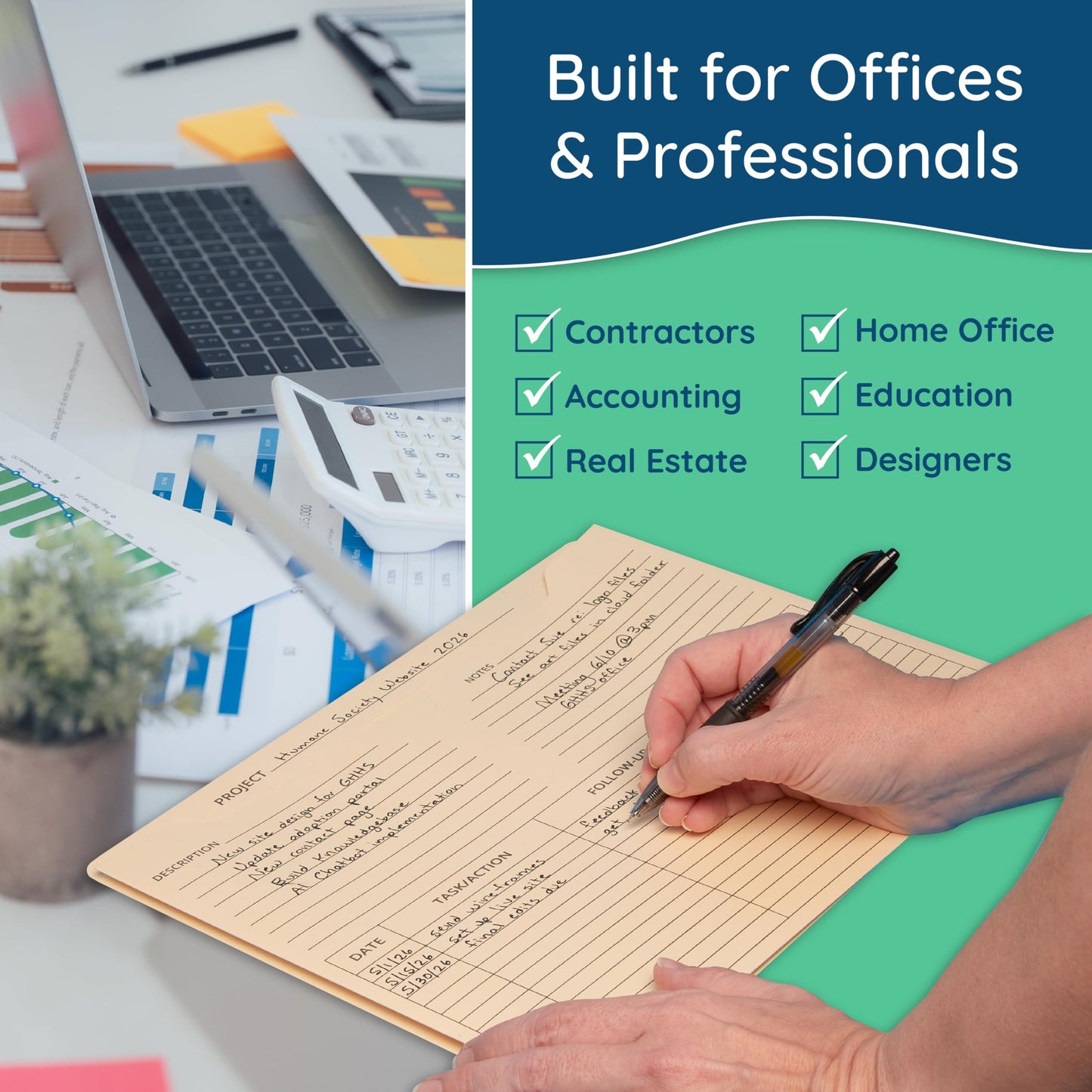 Blue Summit Supplies 50 Project File Folders, Reinforced Straight Cut Tab, 2 Inch Expansion Pocket, Preprinted Project Management Folder Design, Letter Size, Manila, 50 Pack
