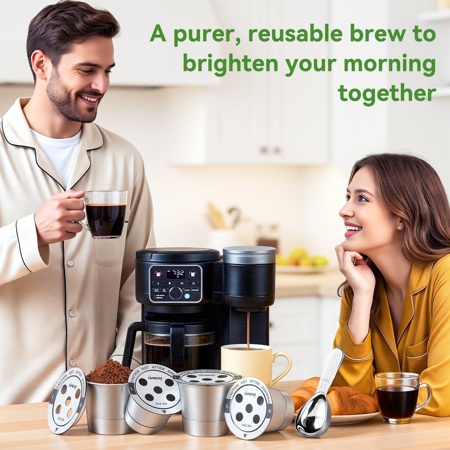 CAPMESSO Reusable K Cups for Keurig: 2026 Updated All Stainless Steel Coffee Pods with 5 Holes for Keurig K Supreme, K Slim, K Duo Gen 2 Multistream Coffee Maker with Scoop, Zero Plastic (4 Pack)