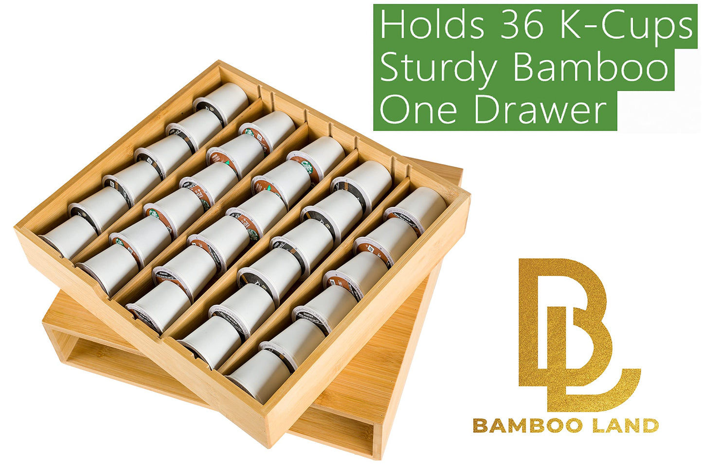 Bamboo Land- Bamboo K Cup Holder, 4 Adjustable Dividers, 36 K Cup Pod Storage, Coffee Pod Drawer, Coffee Pod Holder, Coffee Pod Organizer, Kcup Holder, K Cup Holders for Counter, Coffee Pods Holder