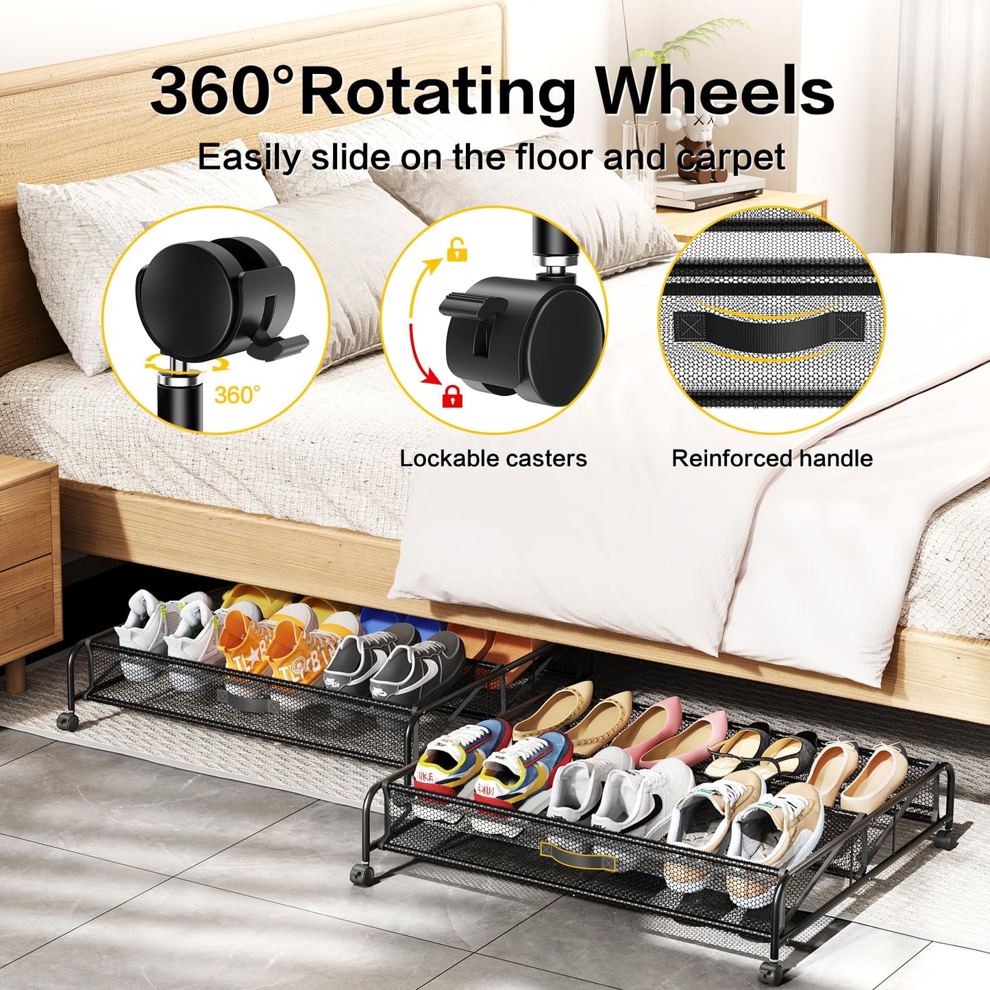 Under Bed Shoe Storage Organizer, 2 Pack Under Bed Storage Containers with Wheels for Under Bed Shoe Organizer Drawer Space Saving for bedroom