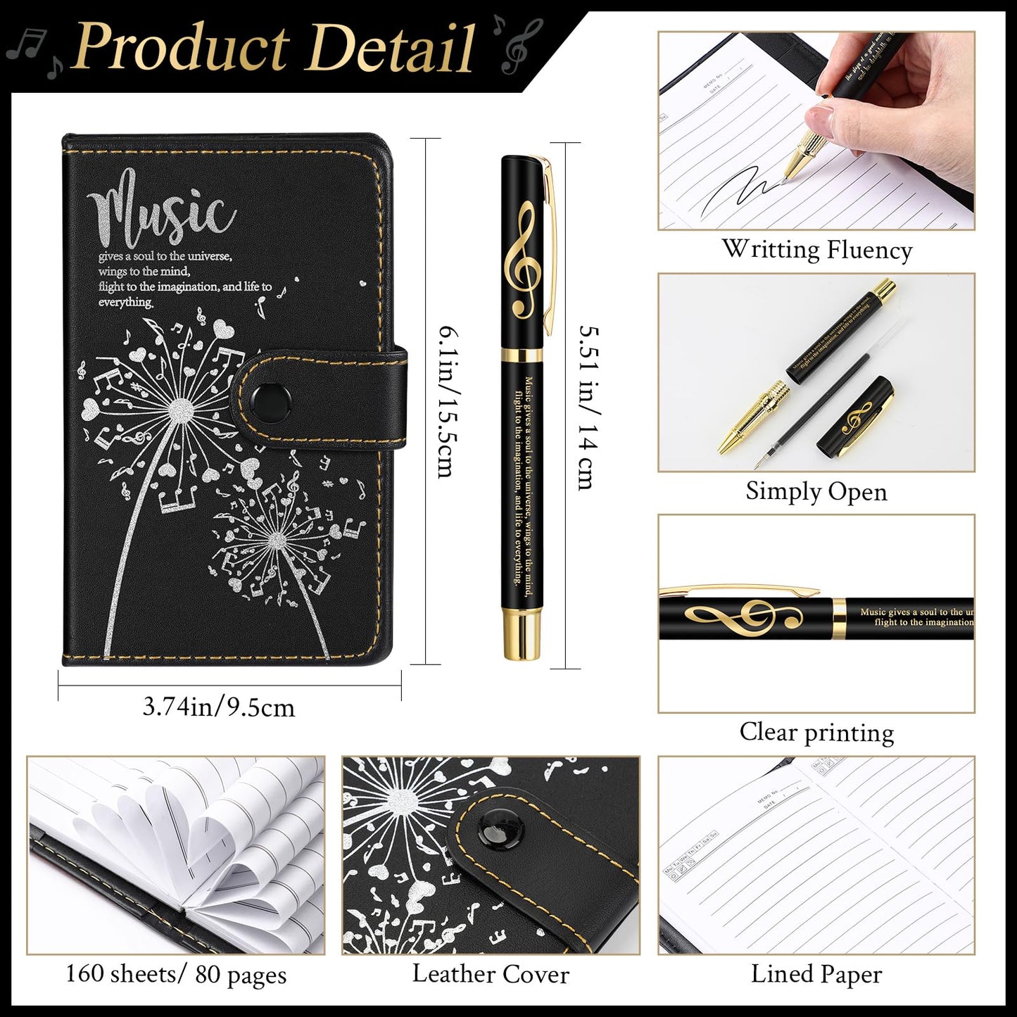 Gueevin 15 Sets Music Graduation Gifts for Students Choir Members Inspirational Music Themed Leather Notebook with Piano Ballpoint Pen Graduation Gift for Teen Student Musician Teacher(Black)