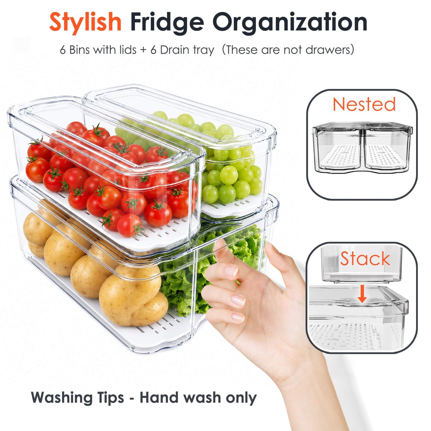 SMRCAD Fridge Organizers and Storage, 6 Pack Clear Freezer Organizer Bins with Lids for Kitchen, Pantry, Refrigerator, Food, Fruit, Vegetable Storage