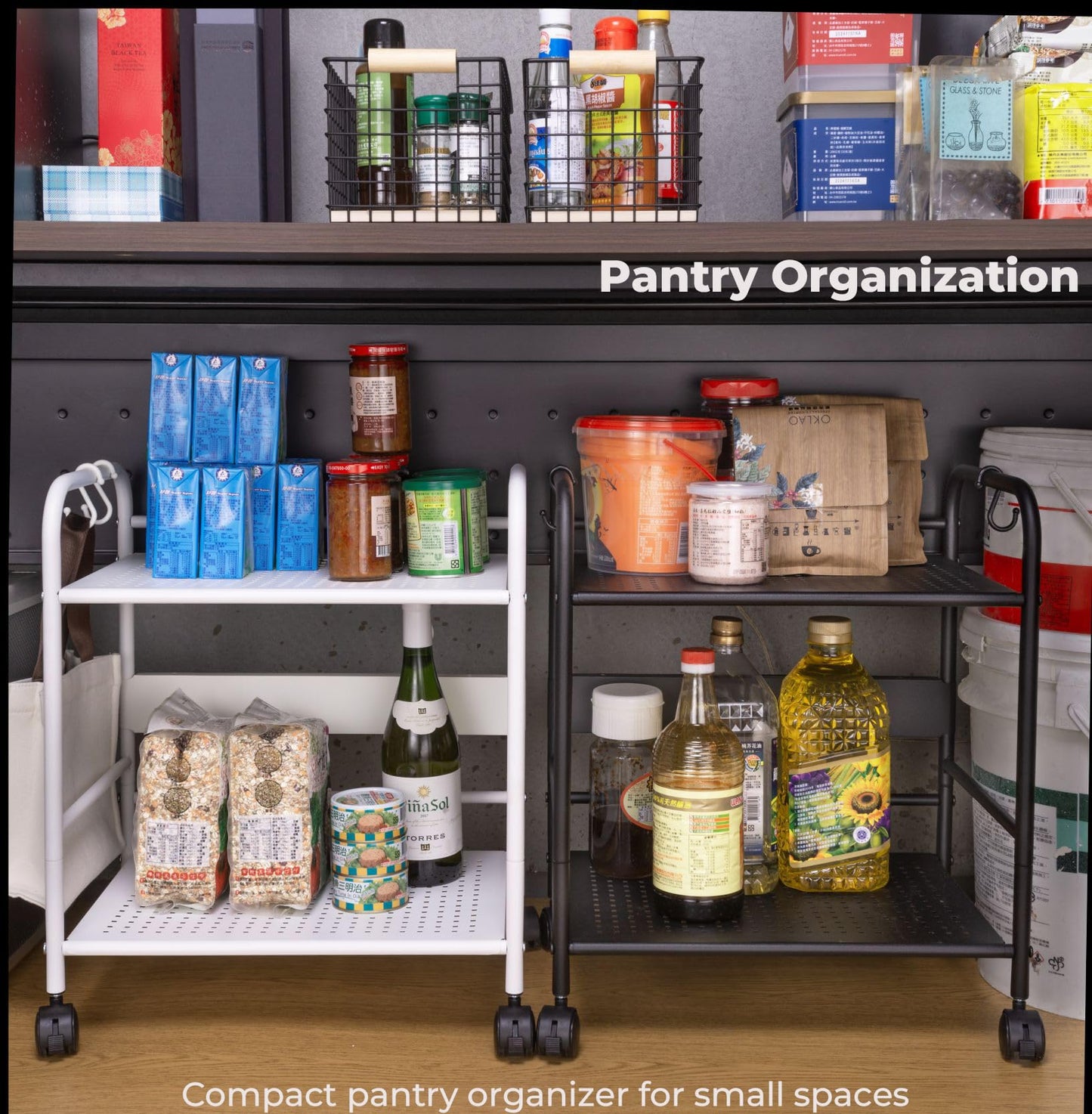 FORSTORAGE 2-Tier Metal Rolling Cart, Under Desk Storage with 12.2" Shelf Clearance, Anti-Drop Guard & Hooks, Compact Utility Cart for Kitchen, Office, Laundry, Bathroom, Pantry, Living Room - Black