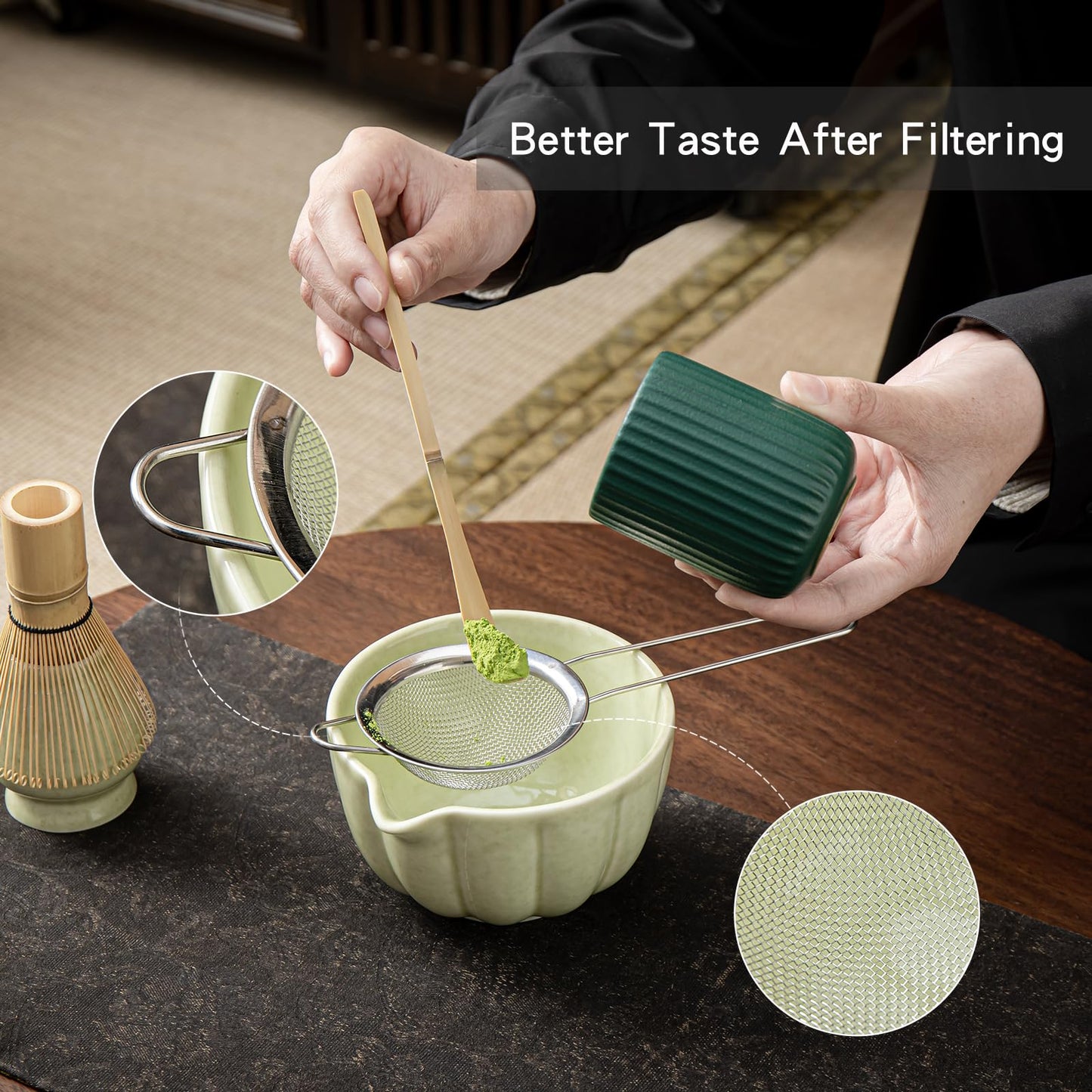 SFTXEY Matcha Whisk Set, Matcha Set Includes Ceramic Matcha Bowl, Bamboo Whisk, Scoop, Chasen Holder, Sifter, 5 Pcs Perfect Matcha Kit for Matcha Lover (Mottled Green)
