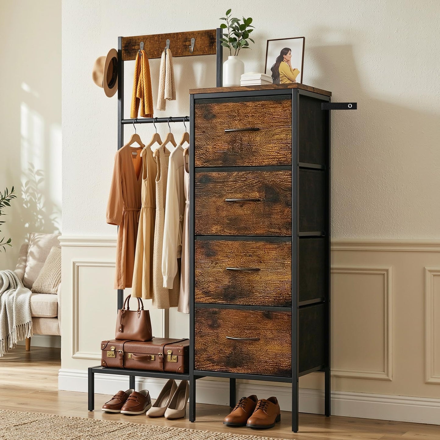 Lewondr Dresser with Hanging Rack and Storage Drawers, 4 Drawer Chest with Hooks and Hat Rack, Rustic Entryway Organizer for Accessories, Brown Wood Finish