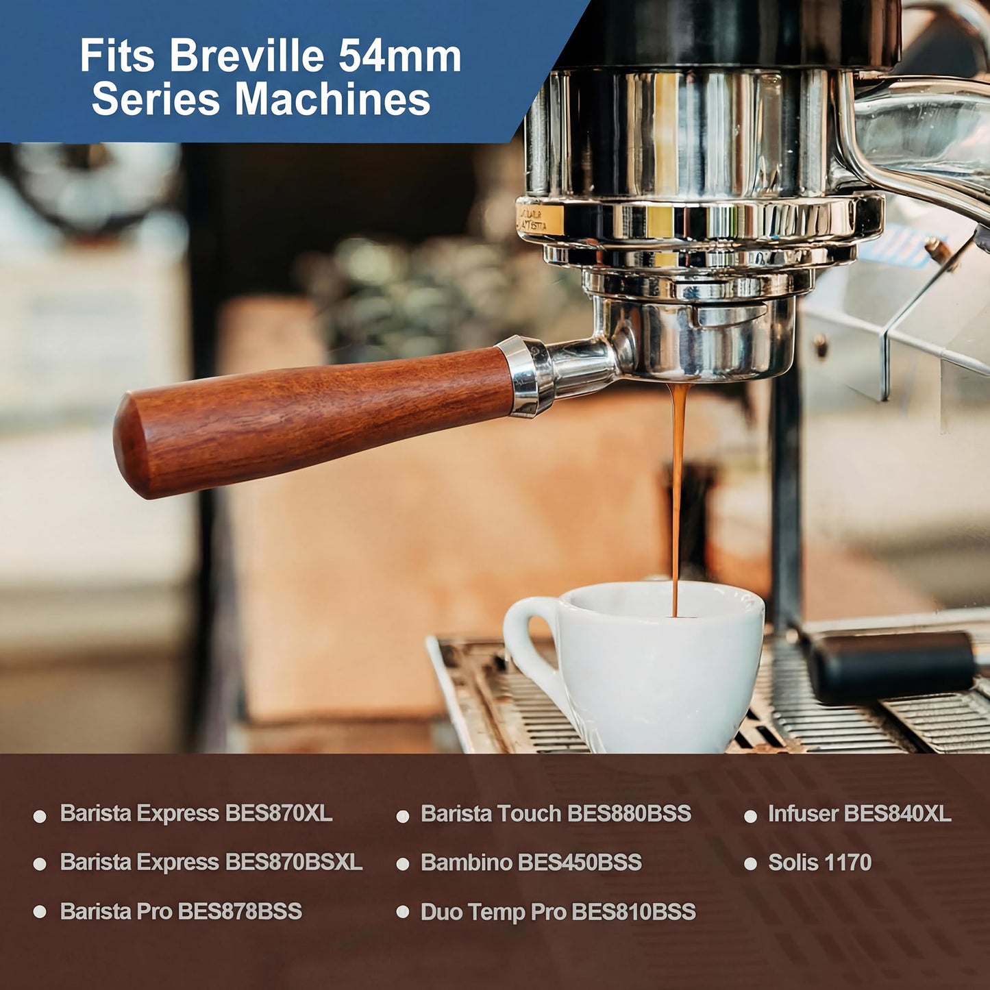 54mm Bottomless Portafilter Compatible with Breville BES870/878/880/876 Series Barista Espresso Pro, 3 Ears Naked Portafilter, Rosewood Handle, Includes 18–20g Filter Basket and Removal Tool