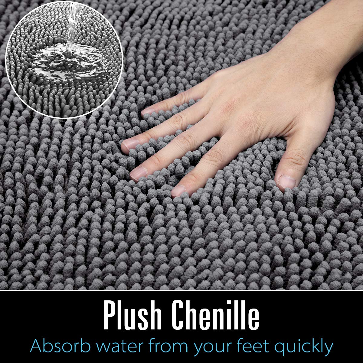 LOCHAS Luxury Bathroom Rug Shaggy Bath Mat 24 x 60 Inch, Washable Non Slip Bath Rugs for Bathroom Shower, Soft Plush Chenille Absorbent Carpets Mats, Gray