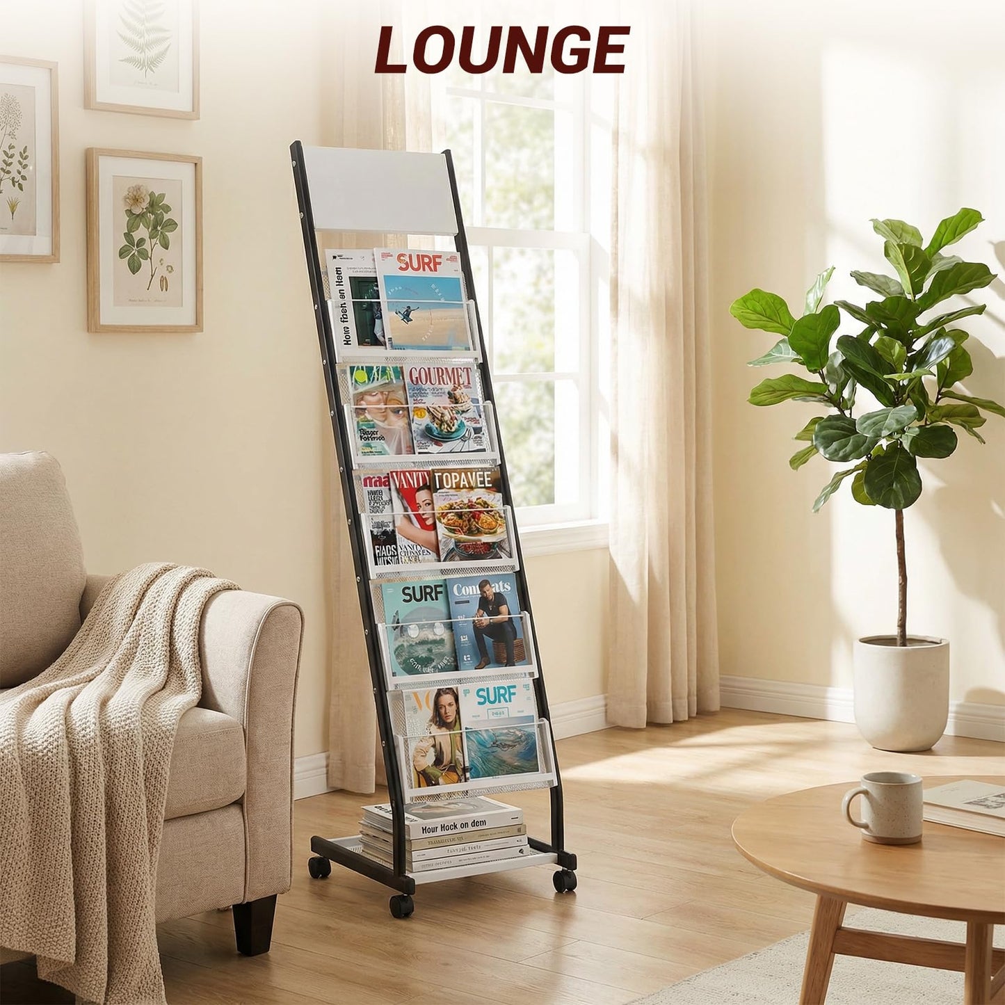 XIDIHF Floor Standing Magazine Holder with 5 Pockets, Journals, Brochure & Literature Display Holder for Trade Shows, Exhibitions, Office, and Shopping Malls, Black