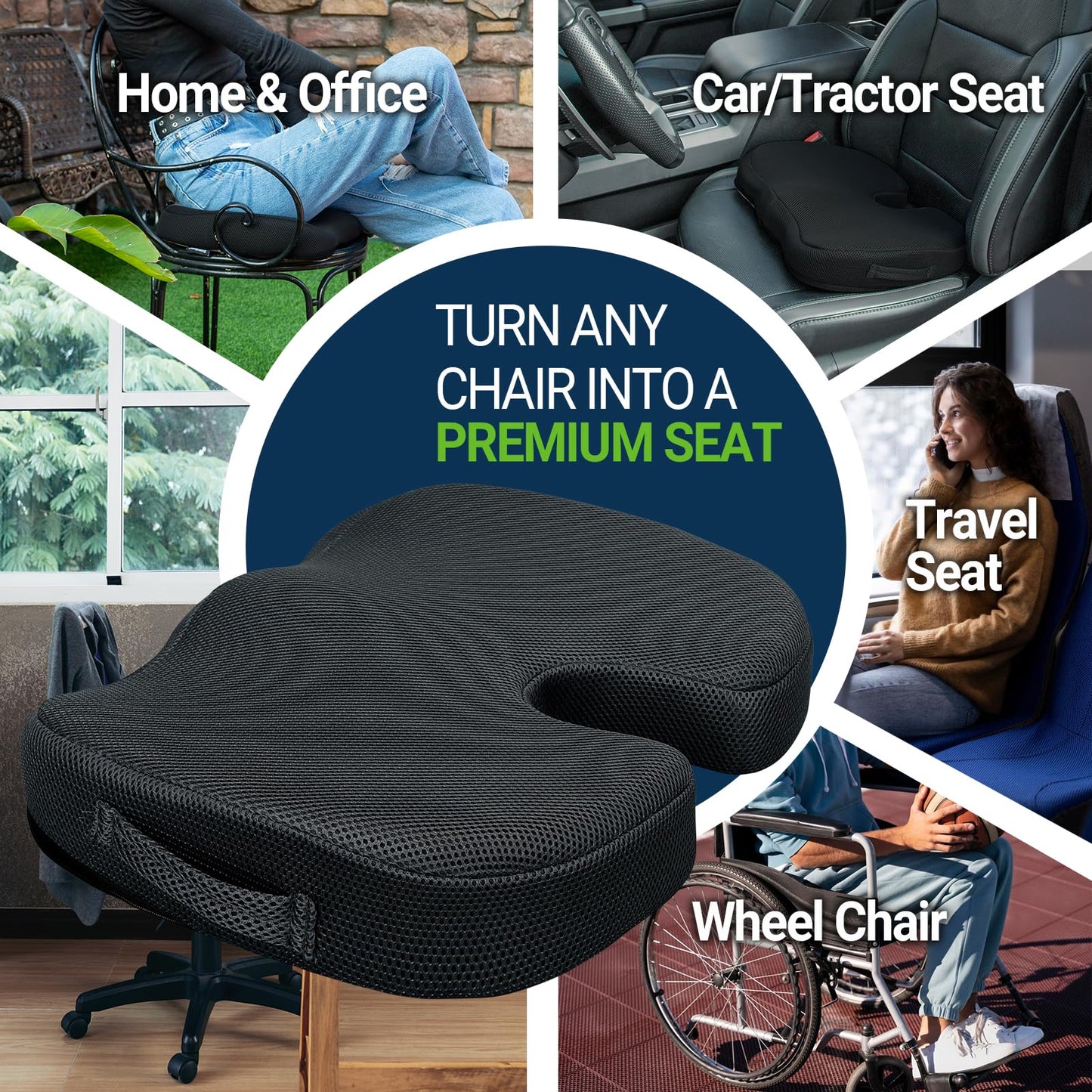 Season Guard Tailbone Pain Relief Office Chair Seat Cushion, Memory Foam Gel Seat Cushion for Sciatica Pain Relief with Washable Cover, Butt Cushion for Long Sitting, Mesh, Black
