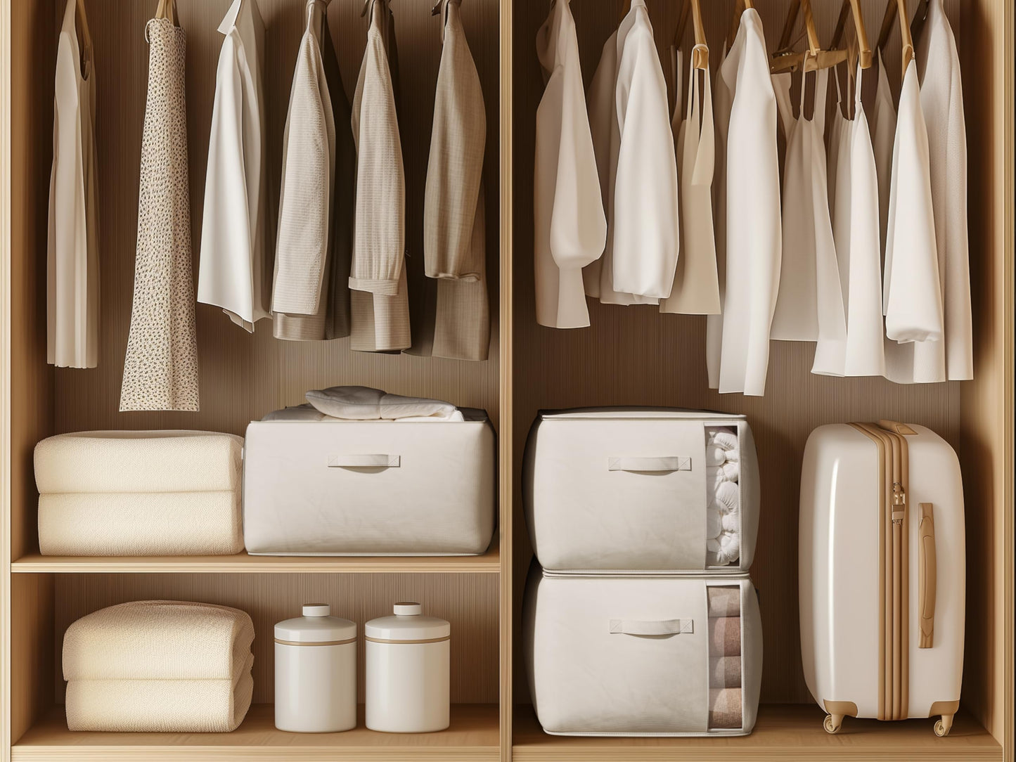 TomVista Large Canvas Clothes Storage Bags with Thick Handles and Clear Window, Foldable Cotton Linen Closet Organizer for Clothing, Blankets and Bedding, 70L, 6 Pack, Beige