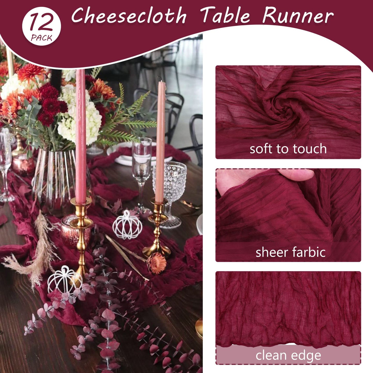 12 Pack 10Ft Cheesecloth Table Runner 35x120 Inch Boho Gauze Table Runner Rustic Cheese Cloth Long Romantic Table Runners for Wedding Bridal Shower Birthday Party Table Decor (Burgundy)