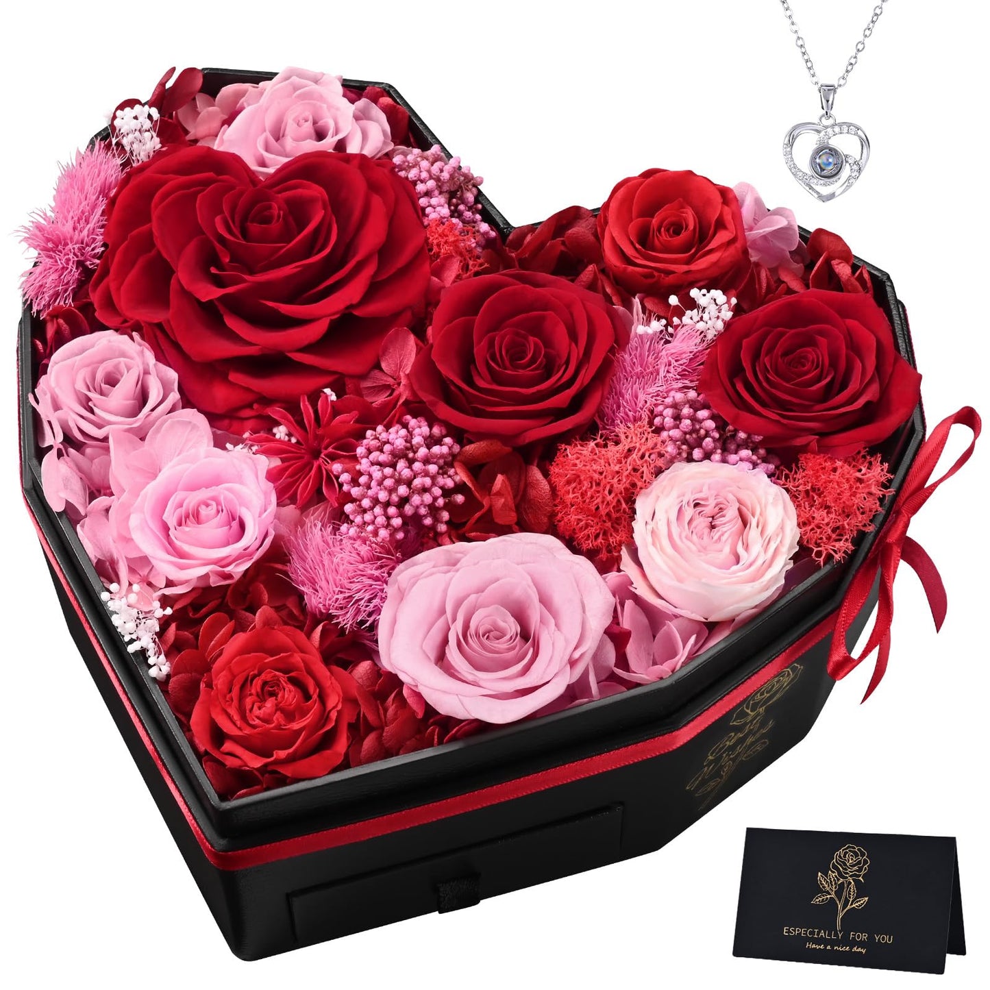 MARTINE MALL Forever Flowers for Delivery, Mothers Day Birthday Gifts for Women Mom 10 Preserved Real Roses in a Box Gifts for Girlfriend Wife Grandma Lasting Eternal Flowers with Necklace, Red