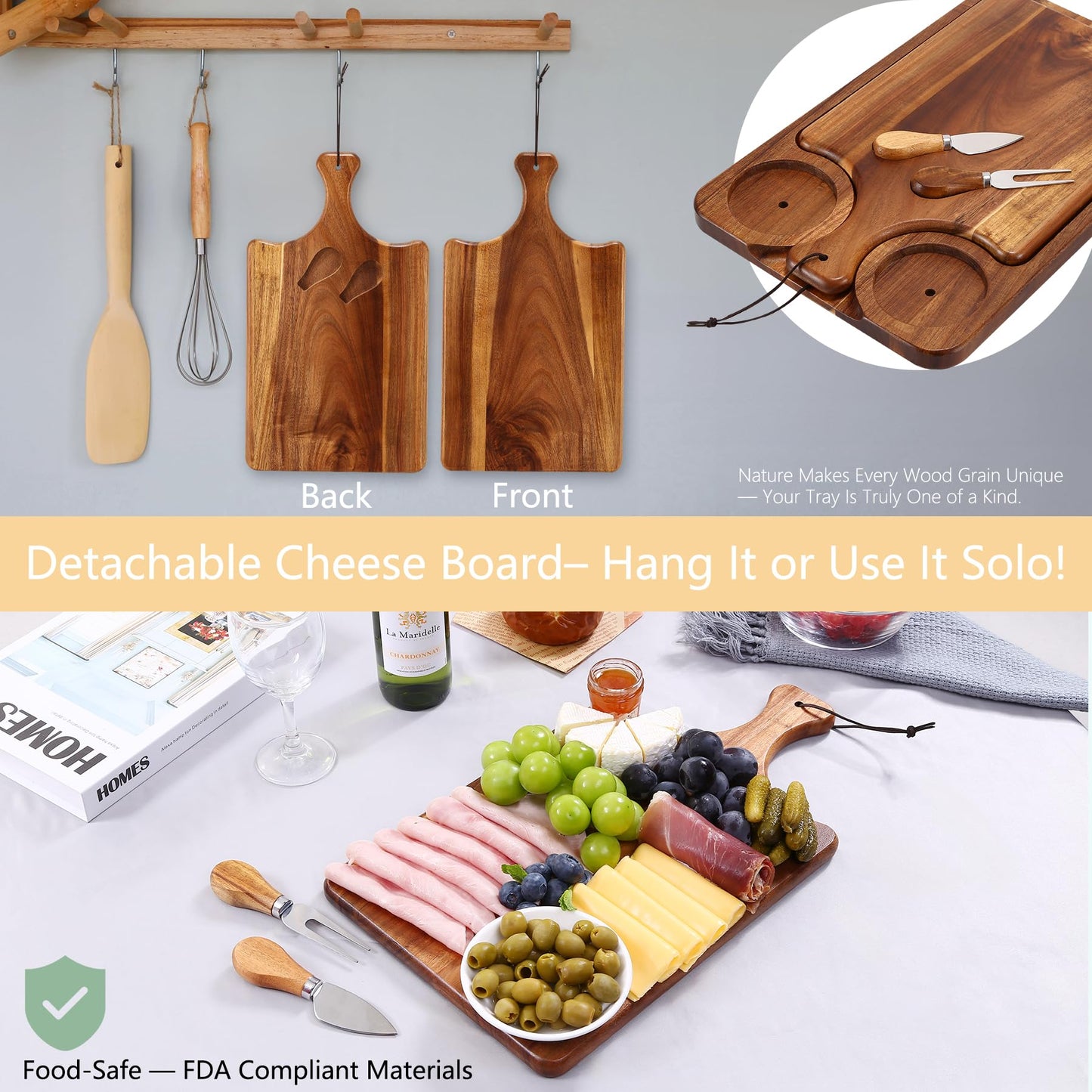 Nnewvante Couch Arm Table with Cheese Board, 4 in 1 Large 15.7"x9.85" Acacia Wood Sofa Arm Clip on Tray with 360 Rotated 2 Cup Holder & Phone Holder & Knife Fork on Armrest