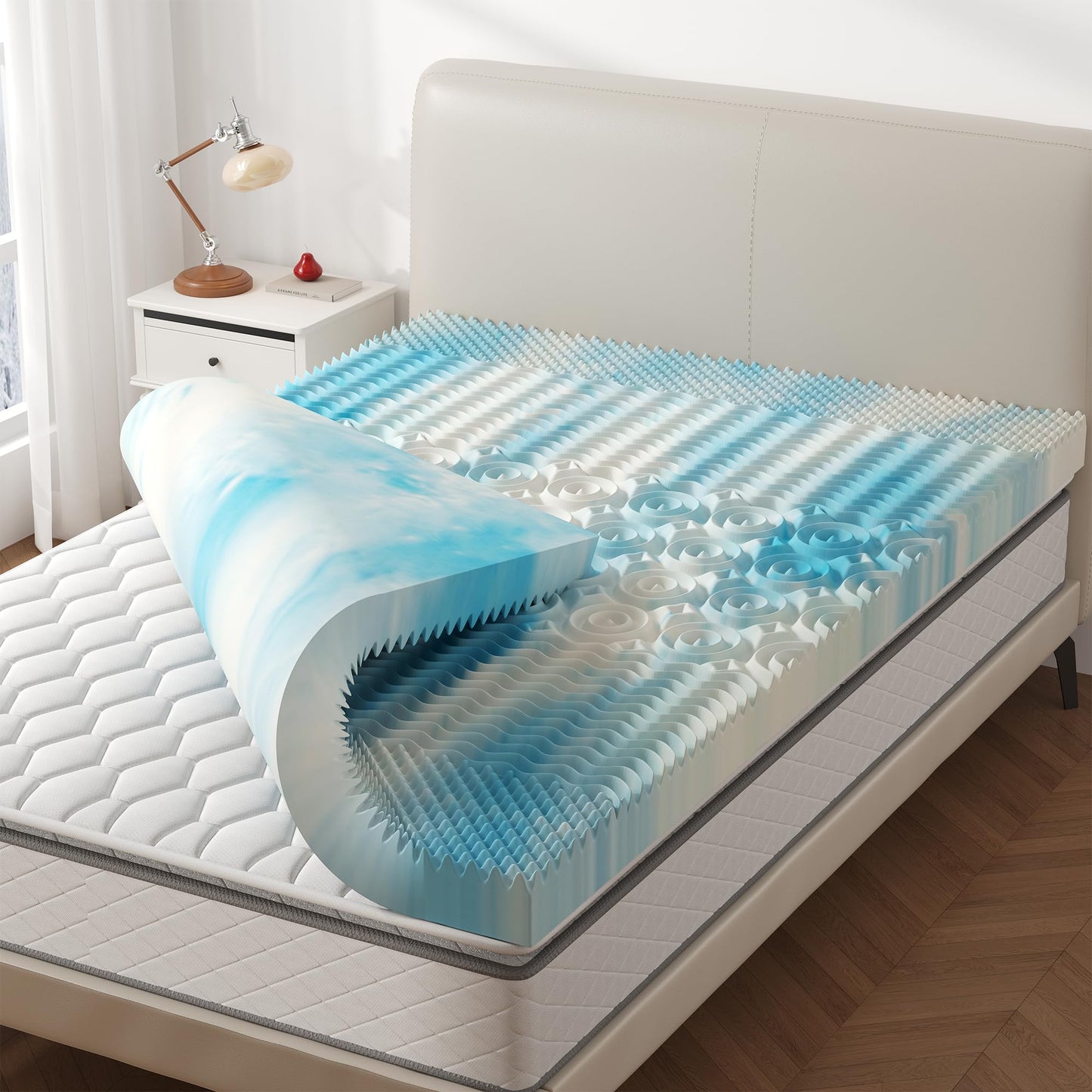KMFurnila 4 Inch 5-Zone Cooling Gel Memory Foam Mattress Topper Full, Pressure Relief for Back & Hip Pain, Soft Reversible Pad for Dorm RV Camping, CertiPUR-US Certified, Blue