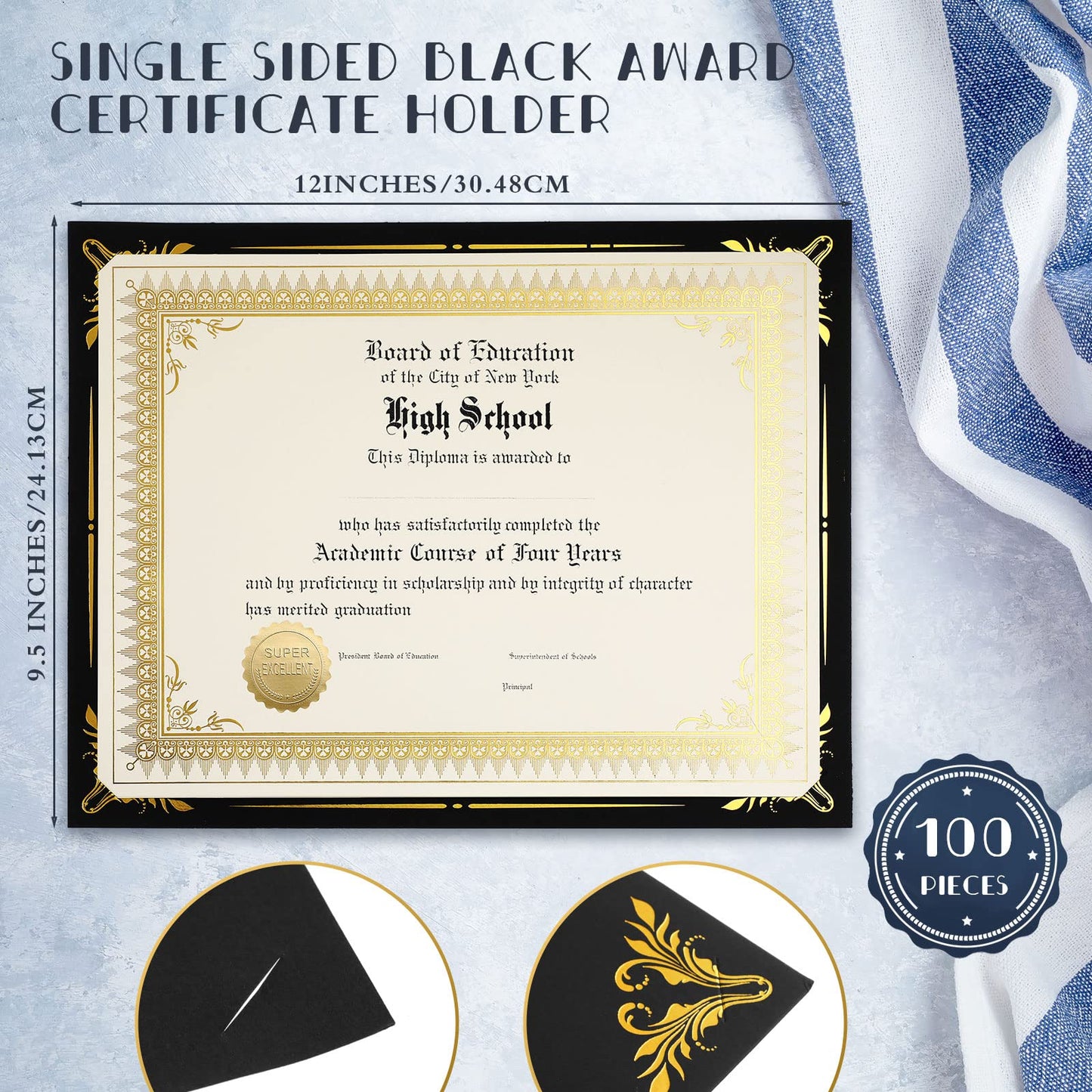 Fainne 100 Sets Black Certificate Paper Kit Single Sided Awards Holder with Foil Border for 8.5 X11 Certificate Covers Foil Award Seals Stickers Diploma Covers