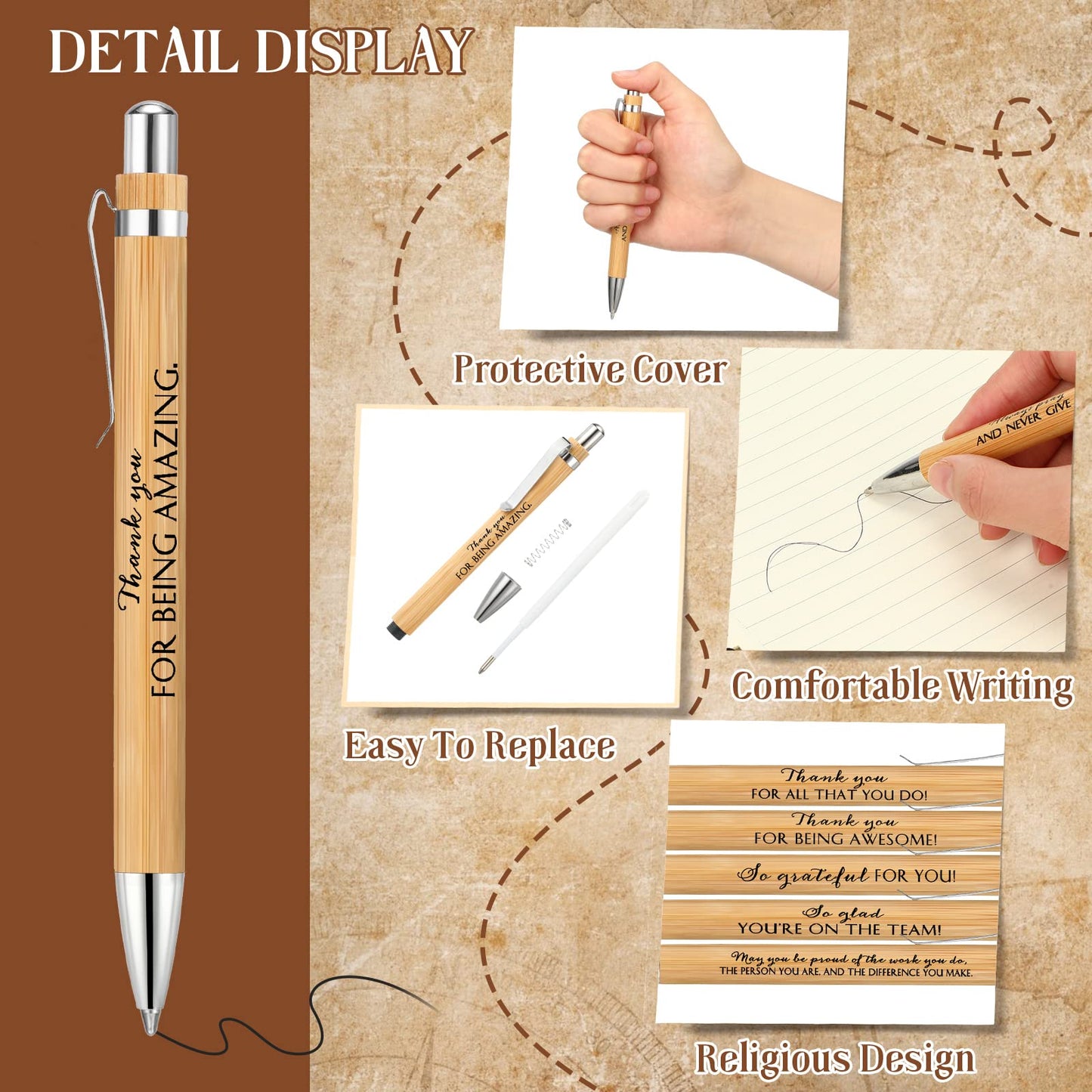 Fuutreo 100 Pcs Appreciation Gift Bulk Thank You Wood Pens Ballpoint Inspirational Bamboo Pens Motivational Gift for Women Men Assistant Teacher Nurses Office Staff Volunteer Coworker