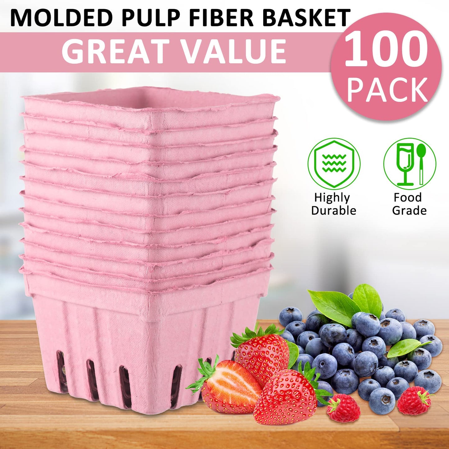 Amyhill 100 Pack Pink Pulp Fiber Berry Basket Set Include 100 Strawberry Fruit Basket and 100 Clear Packaging Bags with 100 Tie Strips Small Berry Container for Farmer Market Produce Storage