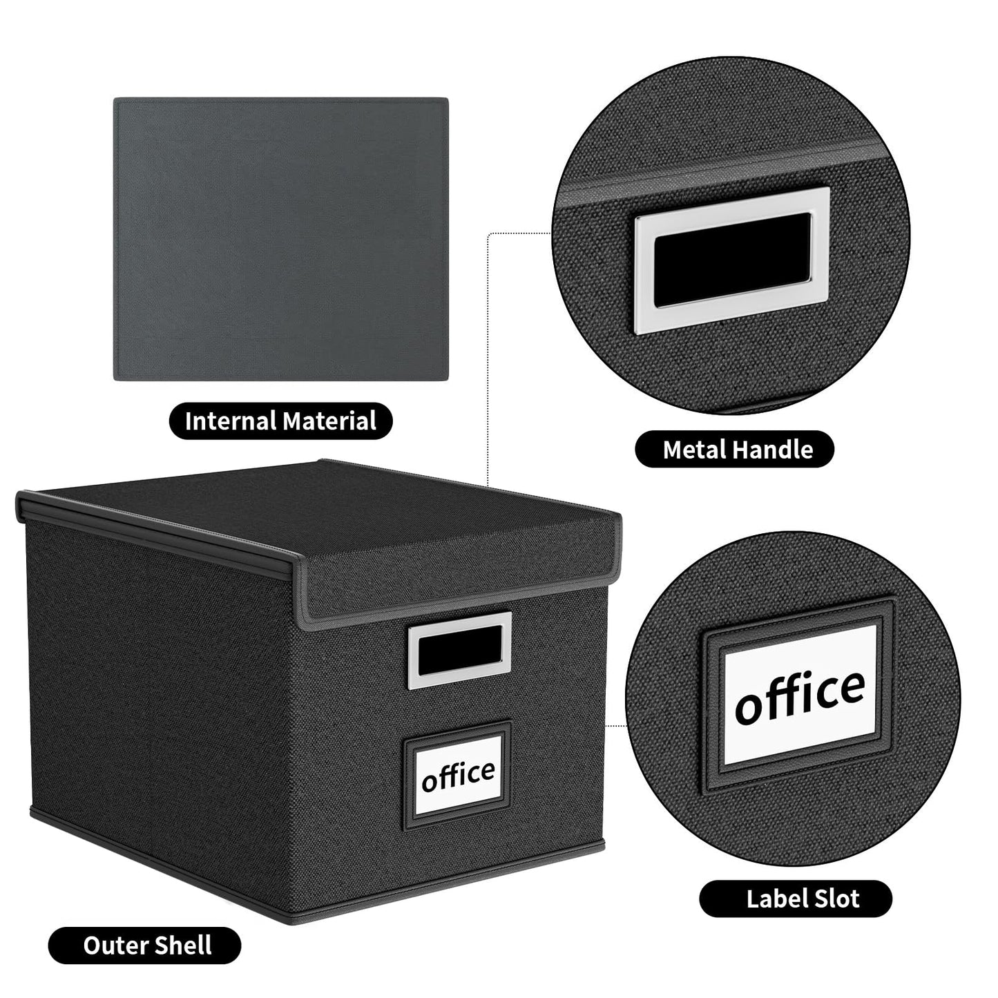 Huolewa New Portable File Organizer Boxes Set of 4, Collapsible Linen Hanging Filing Storage Boxes with Plastic Slide, Decorative Home/Office Filing System for File and Folders Storage (Black)