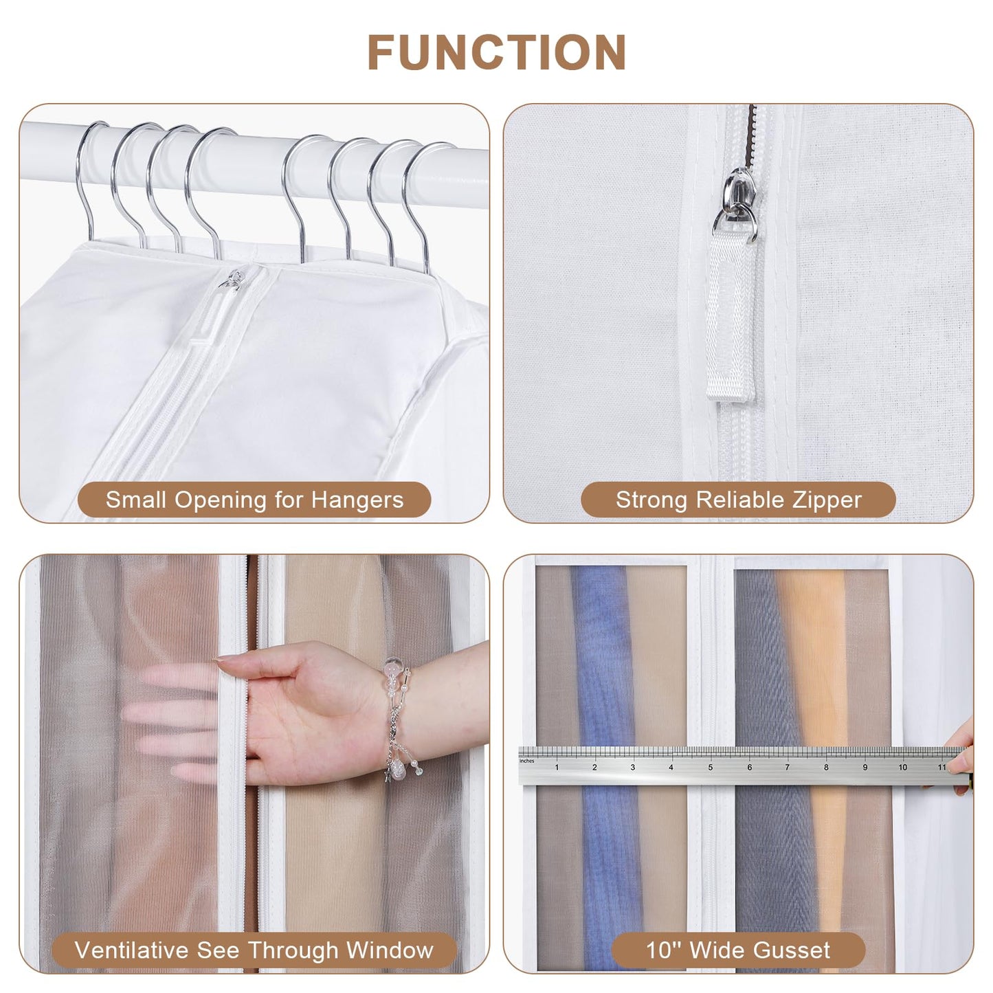 Kntiwiwo 43" Premium Cotton Garment Bag for Hanging Clothes, Breathable Suit Bags for Closet Storage with Extre Large 10" Gusseted & Clear Window, Dust Cover with Zipper for Suits, Jacket, 3 Pack