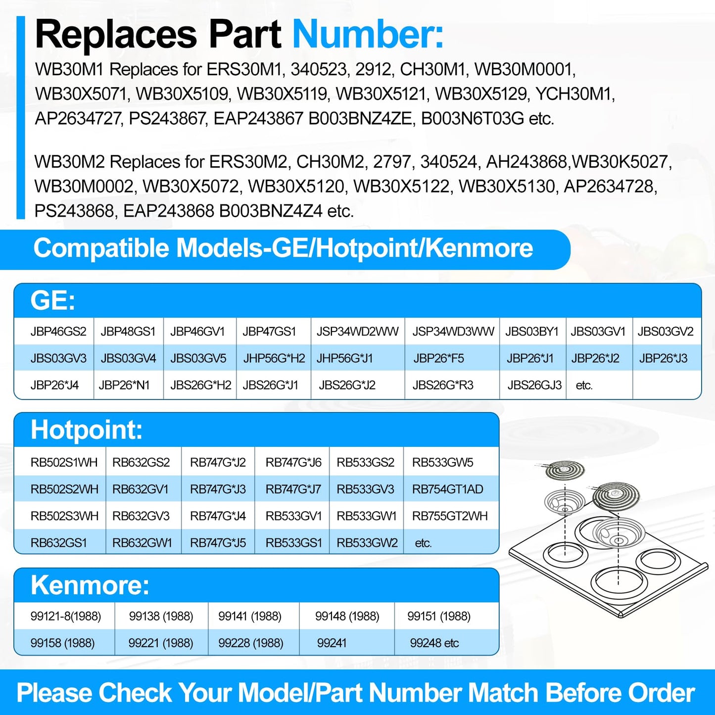 Upgraded WB30M1 WB30M2 Electric Stove Burners Replacement for GE Hotpoint Stove Element,Electric Range Burner Stove Coil for GE Stove Burner Replacement Parts,for GE Stove Top Element Burner (4 Pack)