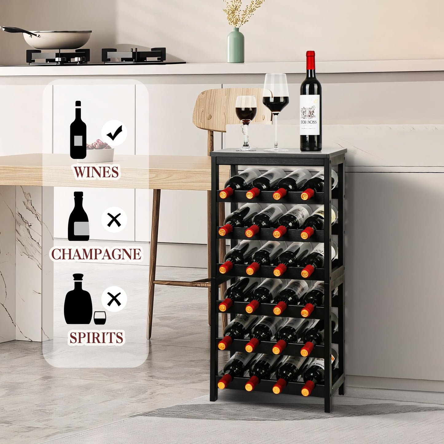 VASMIA Wine Rack Freestanding Floor, 6-Tier Display Wine Storage Shelves with Table Top, 24-Botttle Bamboo Wine Rack Shelf for Kitchen Bar Dining Room Living Room, Black