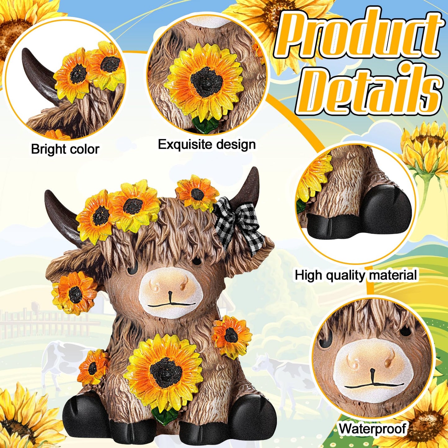 Wesiti 2 Pcs Summer Sunflower Highland Cow Figurines Gifts, Cute Highland Cow Statue Farmhouse Desk Decorations Resin Gnomes Scottish for Spring Home Garden Kitchen Office Decor