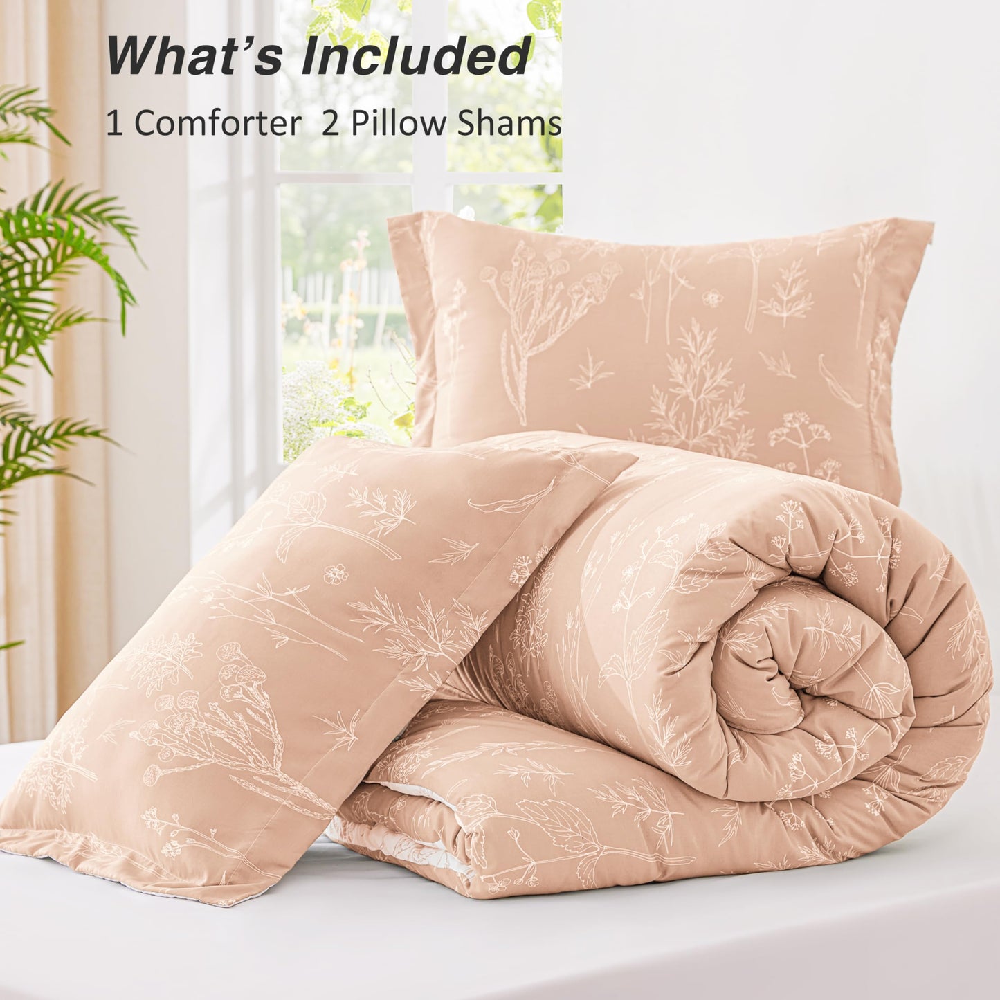 Love's cabin Pink Full Size Comforter Set - Full Comforter Set, 3 Pieces Cute Floral Bedding Sets for All Seasons,1 Soft Reversible Botanical Flowers Comforter and 2 Pillow Shams