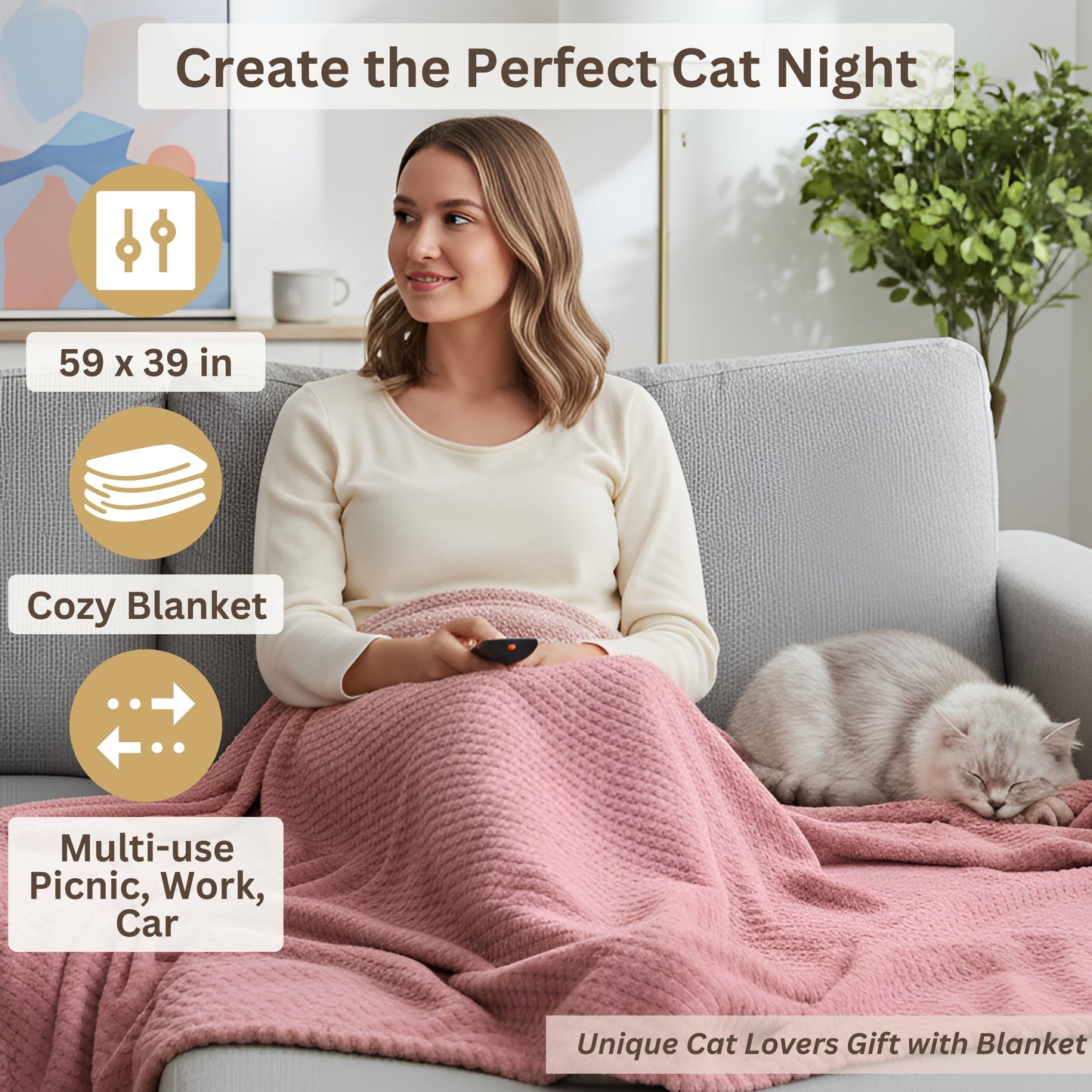 QUILE Luxury Cat Lover Gifts for Women, Cat Mom Gifts for Women, 8pc Cats Themed Gift Set with Premium Blanket & Shatterproof Steel Tumbler, Crazy Cats Lady Gift Box for Birthday & Mothers Day