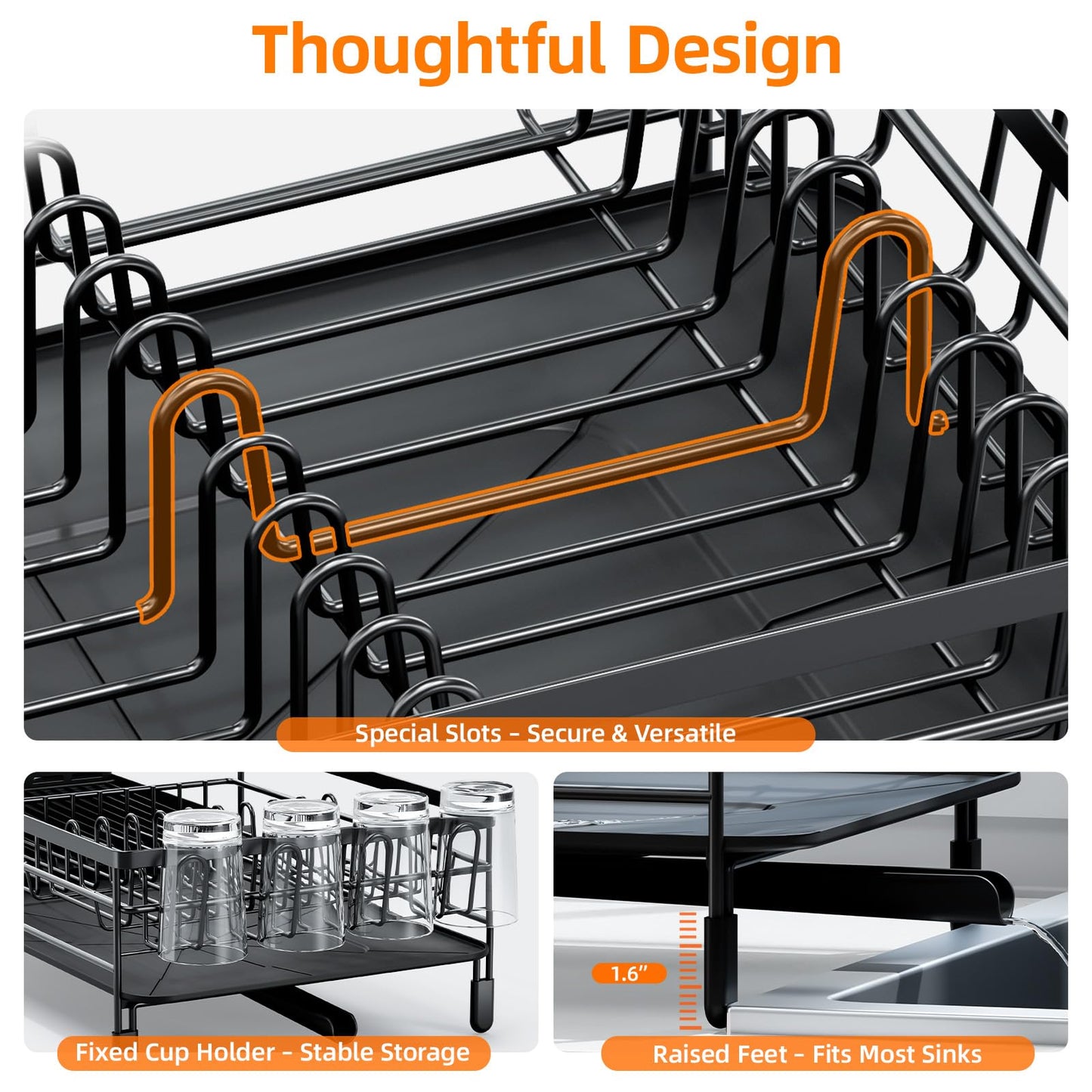 Urackify Large Dish Drying Rack, Expandable Dish Racks for Kitchen Counter, Multifunctional Dish Drainer with Utensil Holder & Cup Holder, 18.5"-26.7" L x 12.7" W, Black