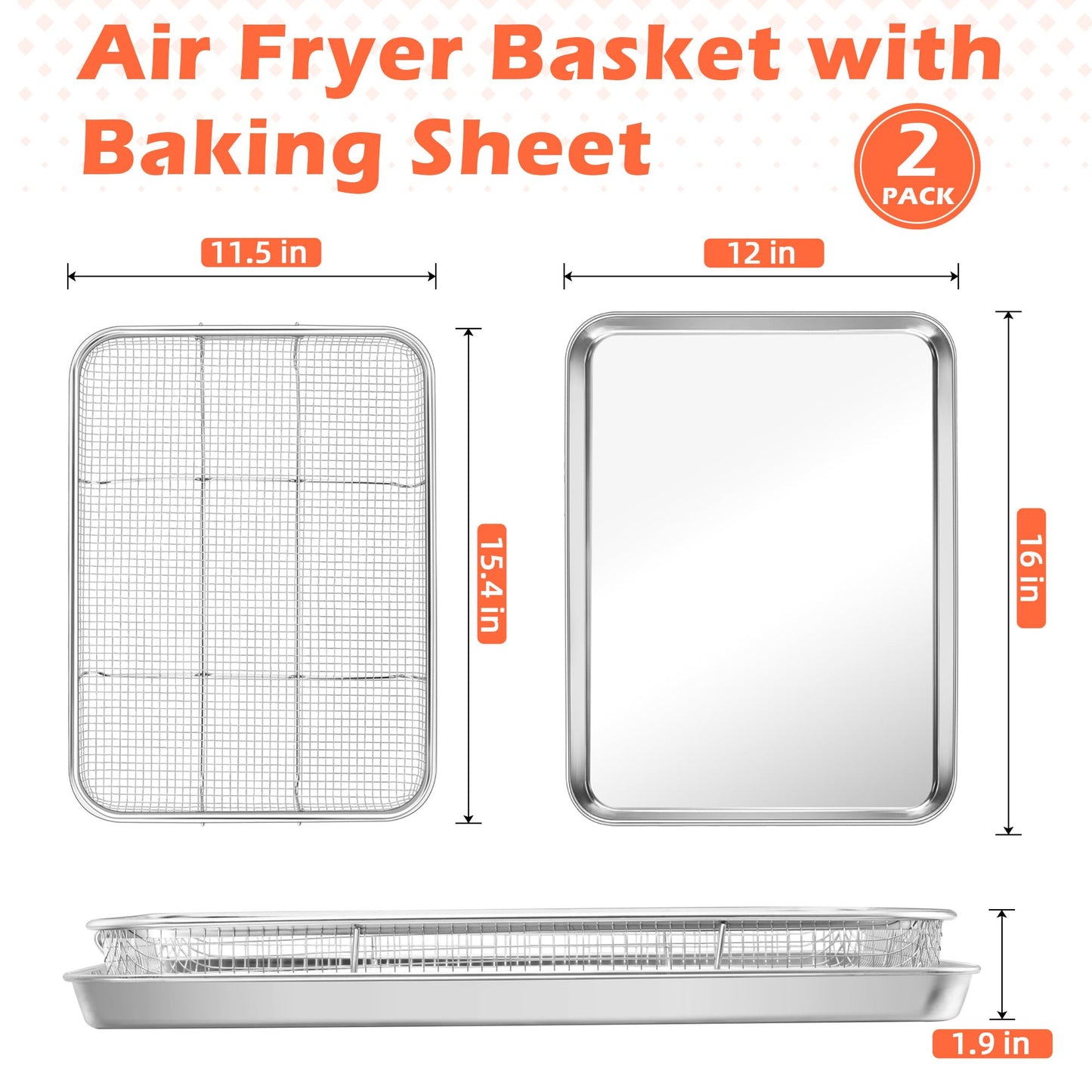 TeamFar Air Fryer Basket for Oven, 2 Set Stainless Steel Air Fryer Basket and Tray, 16”x12” Oven Air Fryer Rack with Baking Pan for Cooking Baking Broiling Grilling, Heavy Duty & Dishwasher Safe