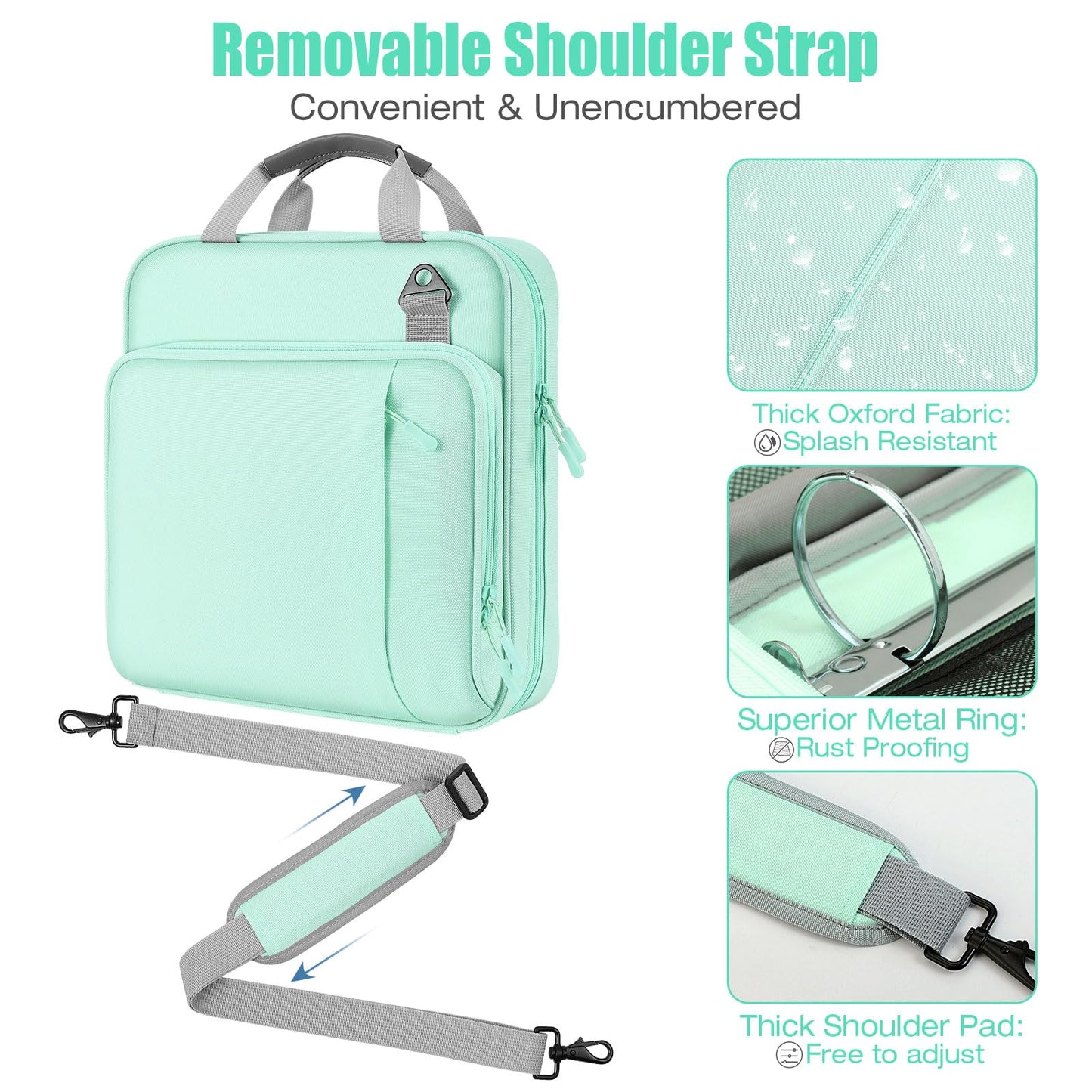 MoKo Zipper Binder, 2 Inch 3 Ring Binder with Zipper, 500 Sheet Capacity Zip Up Binders with Shoulder Strap Handle, Multi-Pocket Zip Up Binders for Middle School Student, Mint Green