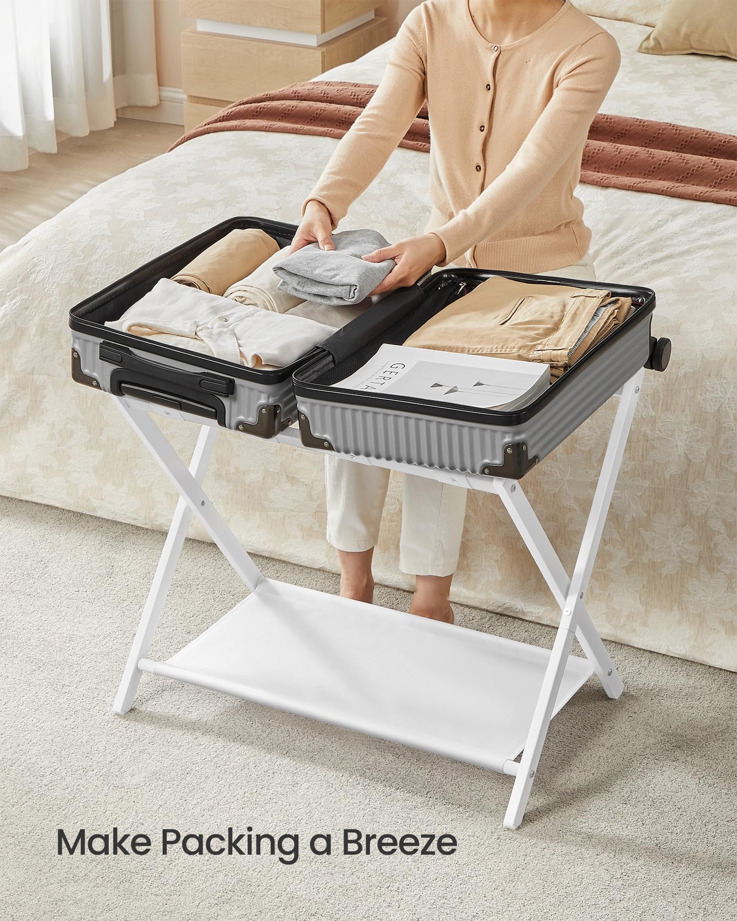 SONGMICS Luggage Racks for Guest Room, Set of 2, Suitcase Stand with Storage Shelf, Steel Frame, Foldable for Easy Storage, Hotel, Bedroom, Cloud White URLR003W02