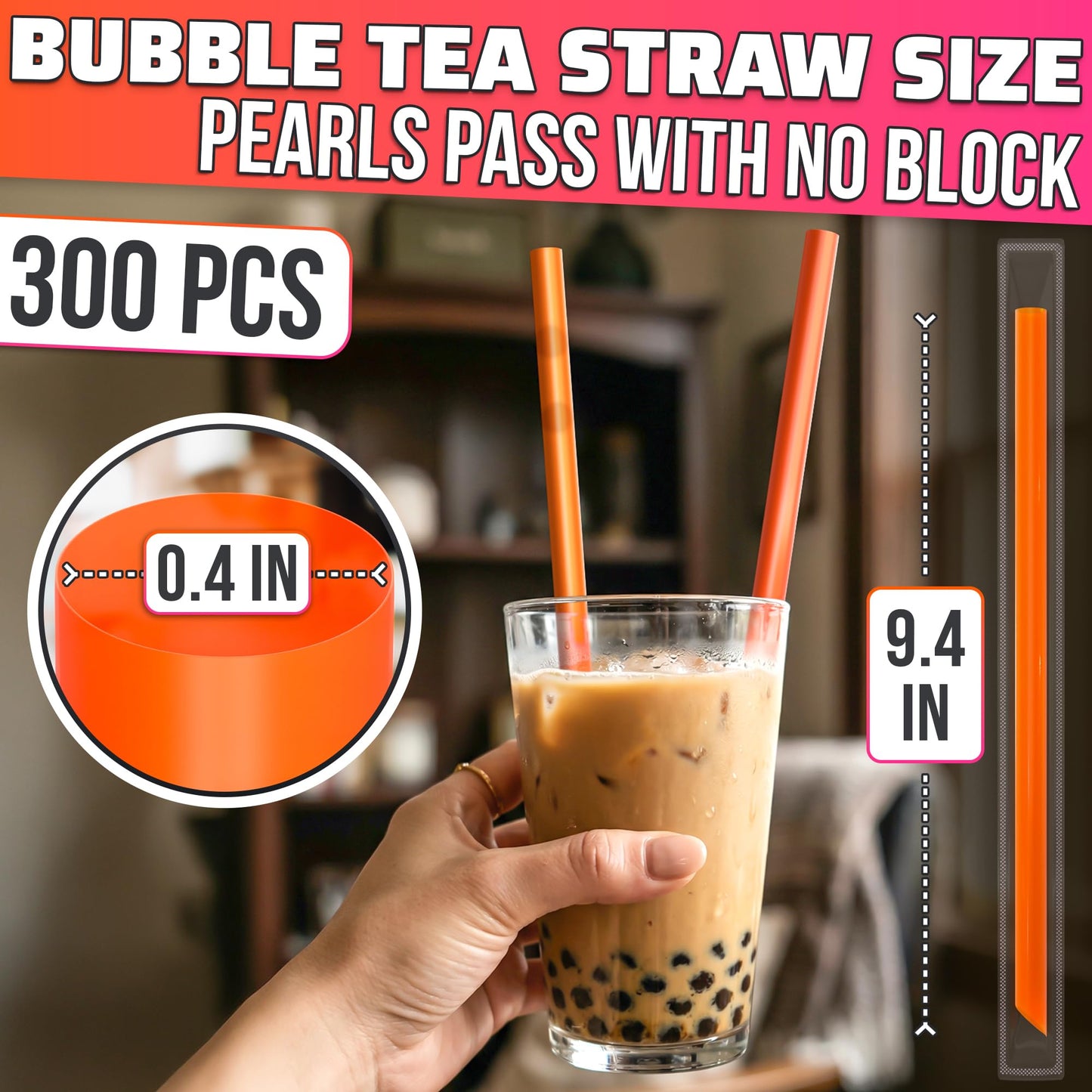300 Pcs Boba Straws Individually Wrapped - 9.25"x0.4" Wide & Sturdy Jumbo Straws for Smoothies, Iced Coffee, Milkshakes & Bubble Tea - Disposable Boba Straw with Angled Tips, Cut-to-Fit Tall Tumblers