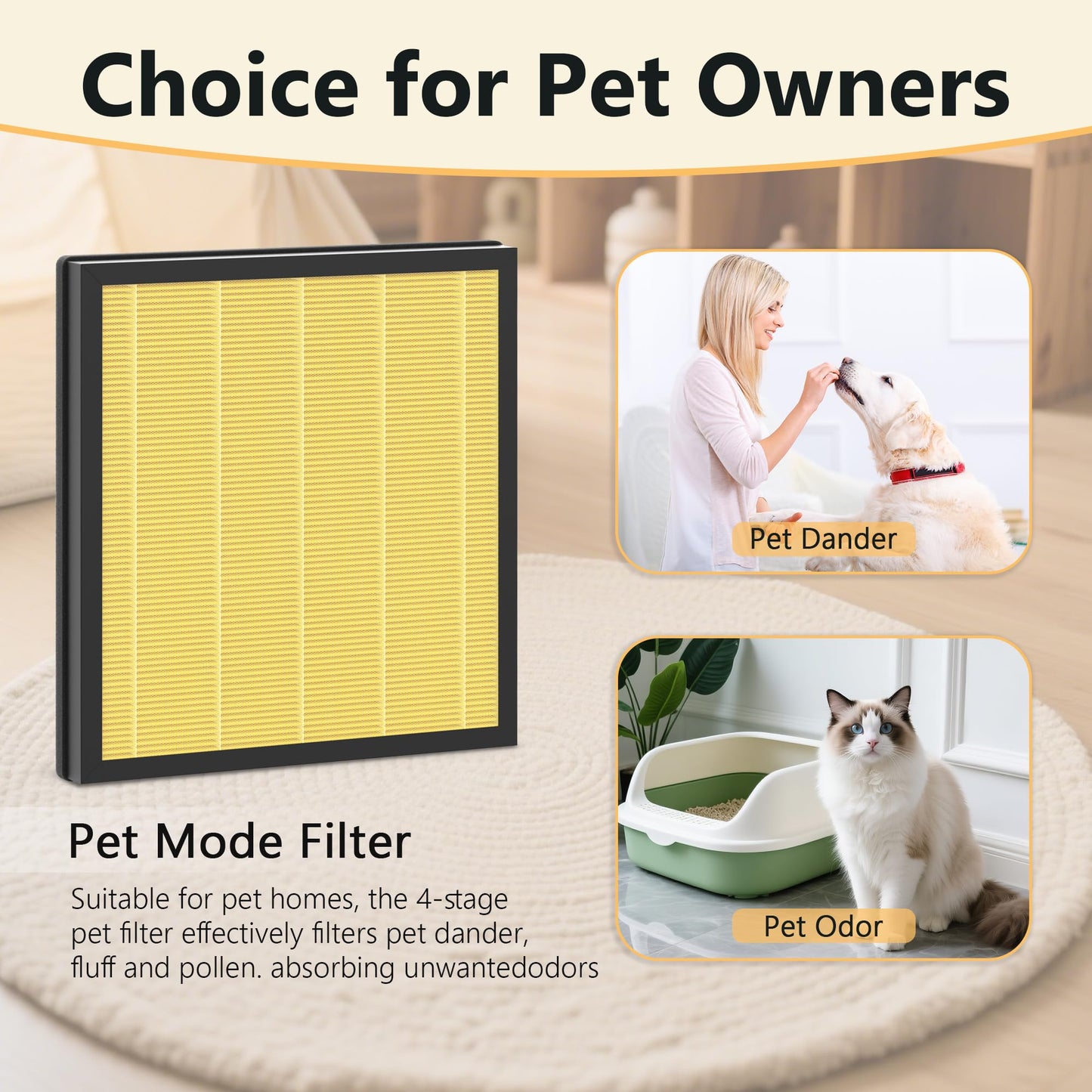 2 Packs PR1 Pet Mode Replacement Filter Compatible with MOOKA PR1 Air Purifier for Home Large Room up to 2200sq.ft, Absorb Pet Dander, Fur and Smoke