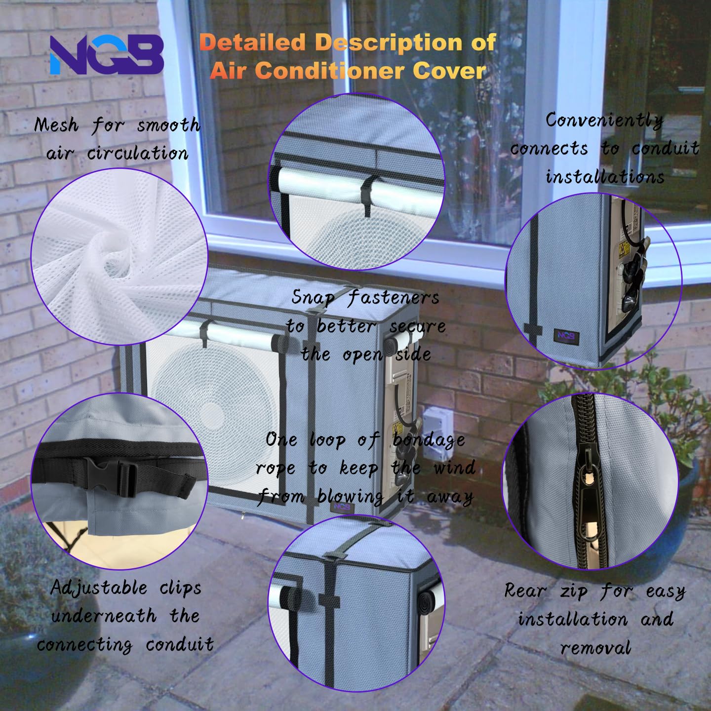 NGB Mini Split Cover for Air Conditioner Outdoor Units with 600D Waterproof Material, UV, Dust, Wind and Snow Resistant, Maximum Size 32.3Lx13.7Wx24H in, Can be Used While Running, Grey.