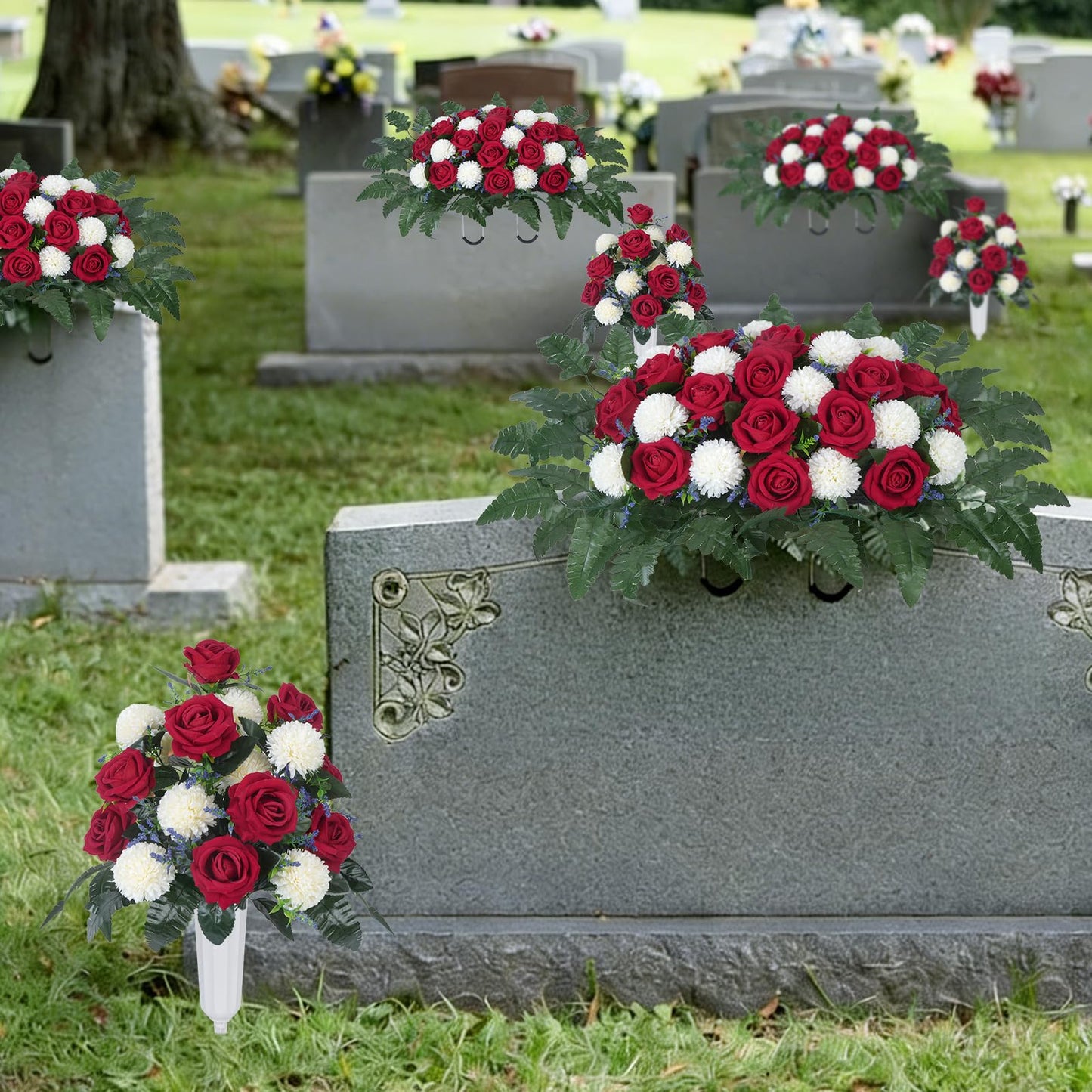Luabue Artificial Cemetery Flower Headstone Flower Saddle 2 Chrysanthemum Rose Bouquets with Vase Memorial Flowers Grave Saddles for Headstone Outdoor Grave Tombstone Decor (Red White)