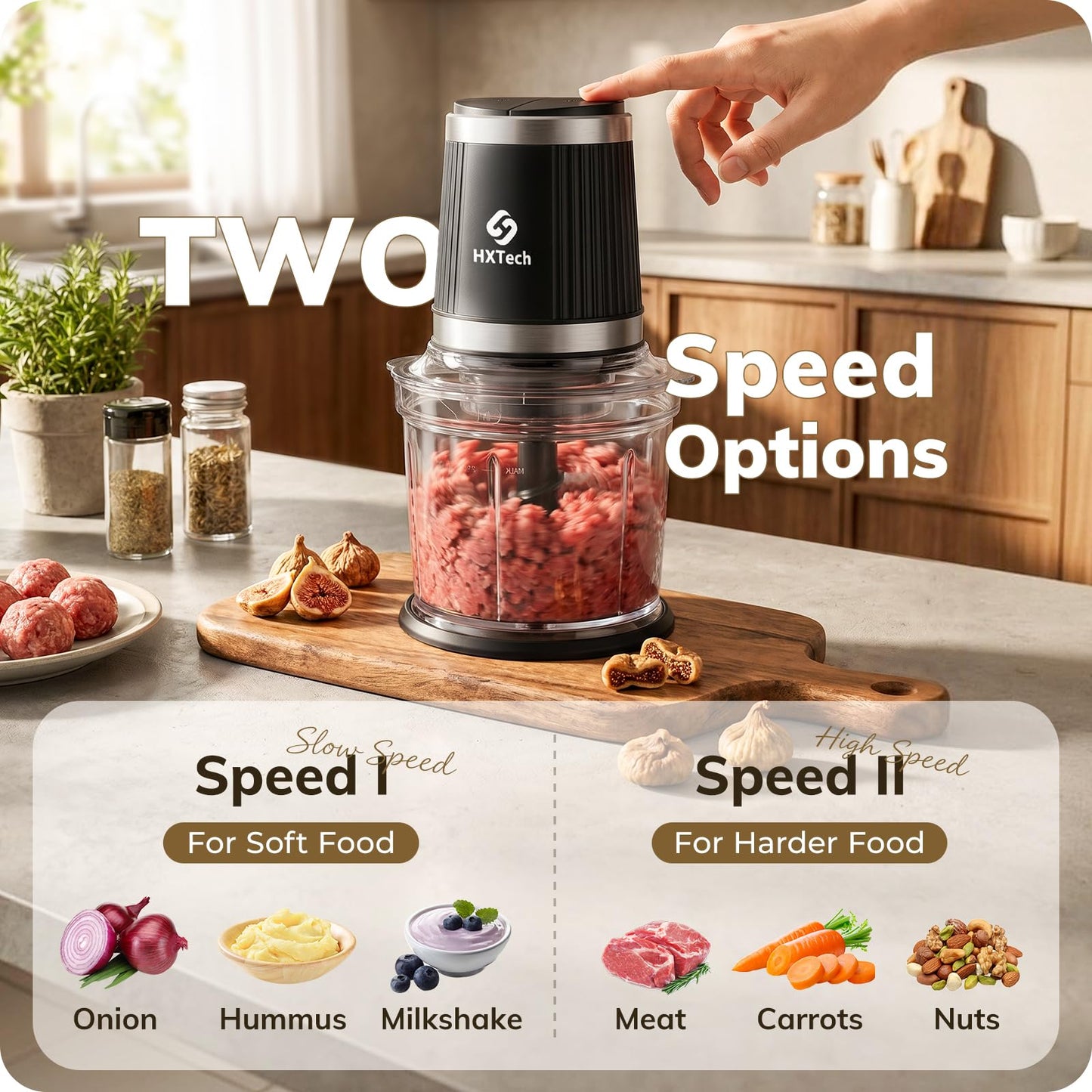 HXTech Food Processor Set: 2-Speed Electric Food Chopper with 2 Bowls (4 Cup+4 Cup), Vegetable Chopper with 2 Pack 420 Stainless Steel 4-Layer Blades, Meat Grinder for Meat, Fruits, Baby Food,Pet Food