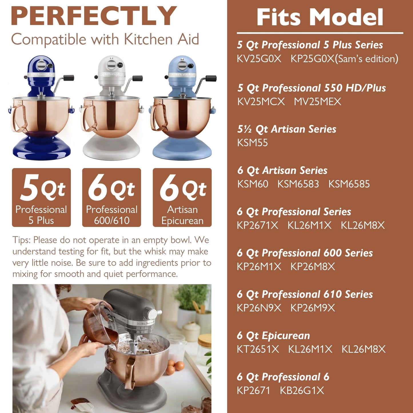 Copper Color Stainless Steel 6 Quart Mixing Bowl for Kitchen Aid Professional Bowl Lift Stand Mixer, Heavy Duty Extra Mixer Bowl fits KP26, KB26, Dishwasher Safe, Ergonomic Handle, Silicone Scraper