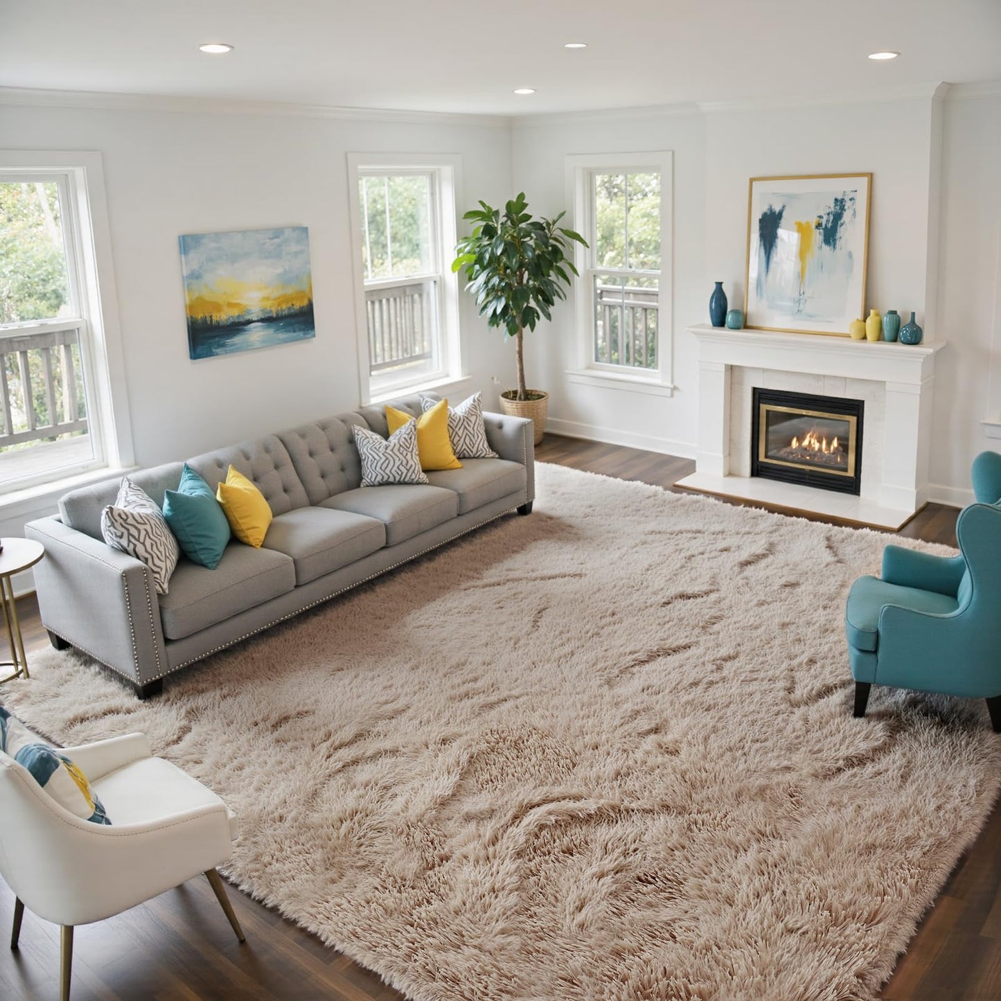 yongyangjuxin Fluffy Rug Shag Area Rug, Beige 8x10 Area Rugs for Living Room, Large Shag Area Rugs for Bedroom Kids Room Home Decor, Upgrade Anti-Skid Rectangular Fuzzy Rugs