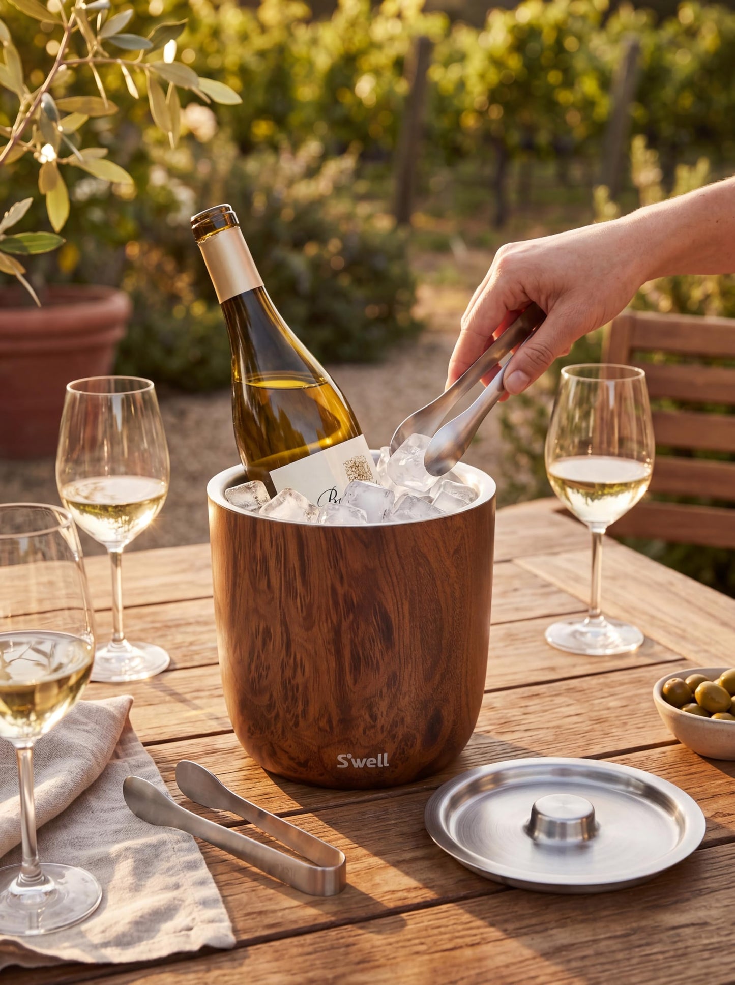 S’well Stainless Steel Ice Bucket with Tongs, 68oz Capacity, Teakwood Pattern Finish, Triple-Layer Vacuum Insulated to Keep Ice Colder Longer, BPA-Free Barware