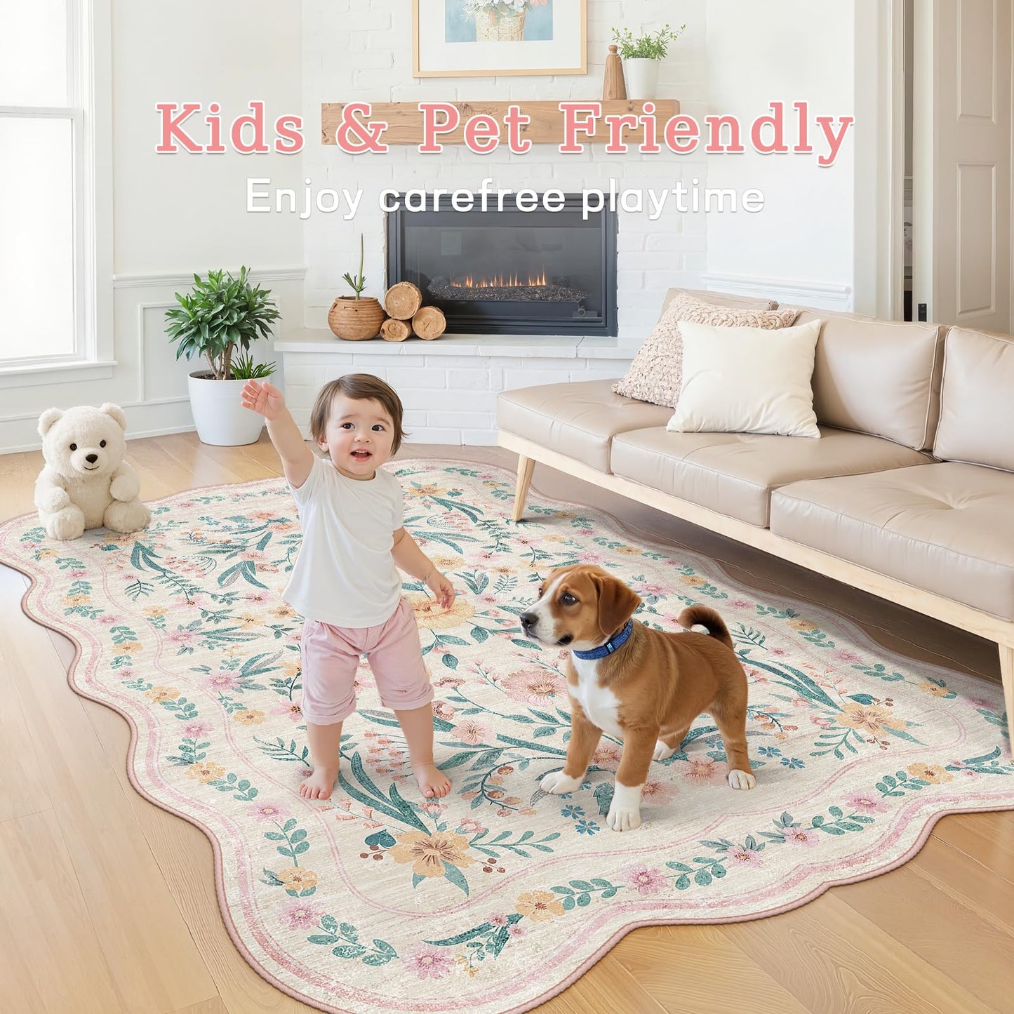 Dadasgk Pink Floral Rug 5X7 for Girls Bedroom or Nursery, Scalloped Washable Non-Slip Area Rug, Cute Soft Boho Carpet for Kids Room, Dorm, or Playroom