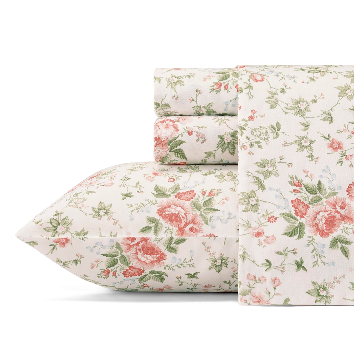 Laura Ashley - Queen Size Sheet Set, Soft Cotton Sateen Bedding with Matching Pillowcases, Fully Elastic Fitted Sheet, Deep Pocket, Floral Room Decor, Silky Smooth All-Season Comfort (Lilian Coral)