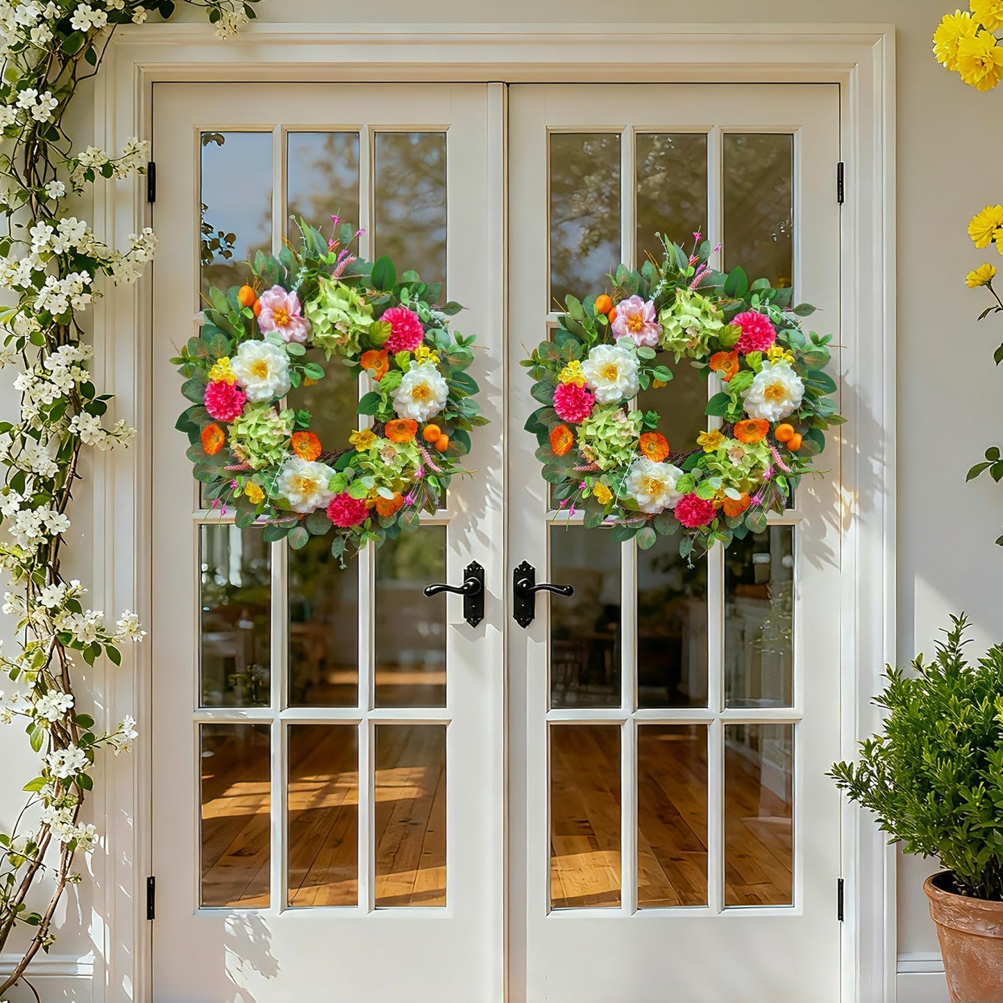 Pinkpuii 24 Inch Spring Wreaths for Front Door- Outdoor Spring Summer Flower Wreath with Vibrant Peony Hydrangea Flower, Green Eucalyptus Leaves and Orange Berry- Ideal for Porch,Mantel,Home Wall