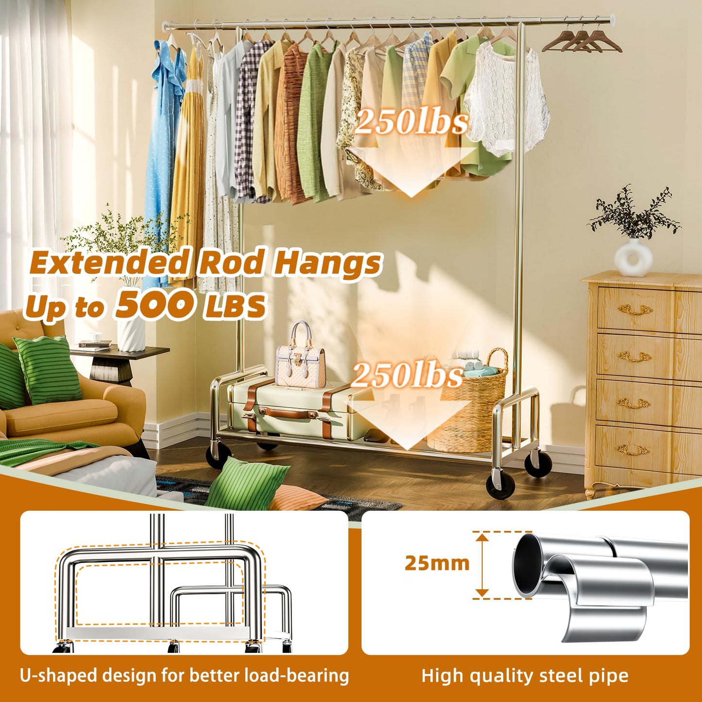 Simple Trending Heavy Duty Clothing Clothes Rack with Wheels for Hanging, Metal Rolling Garment Rack Organizer Load 500 LBS, Chrome